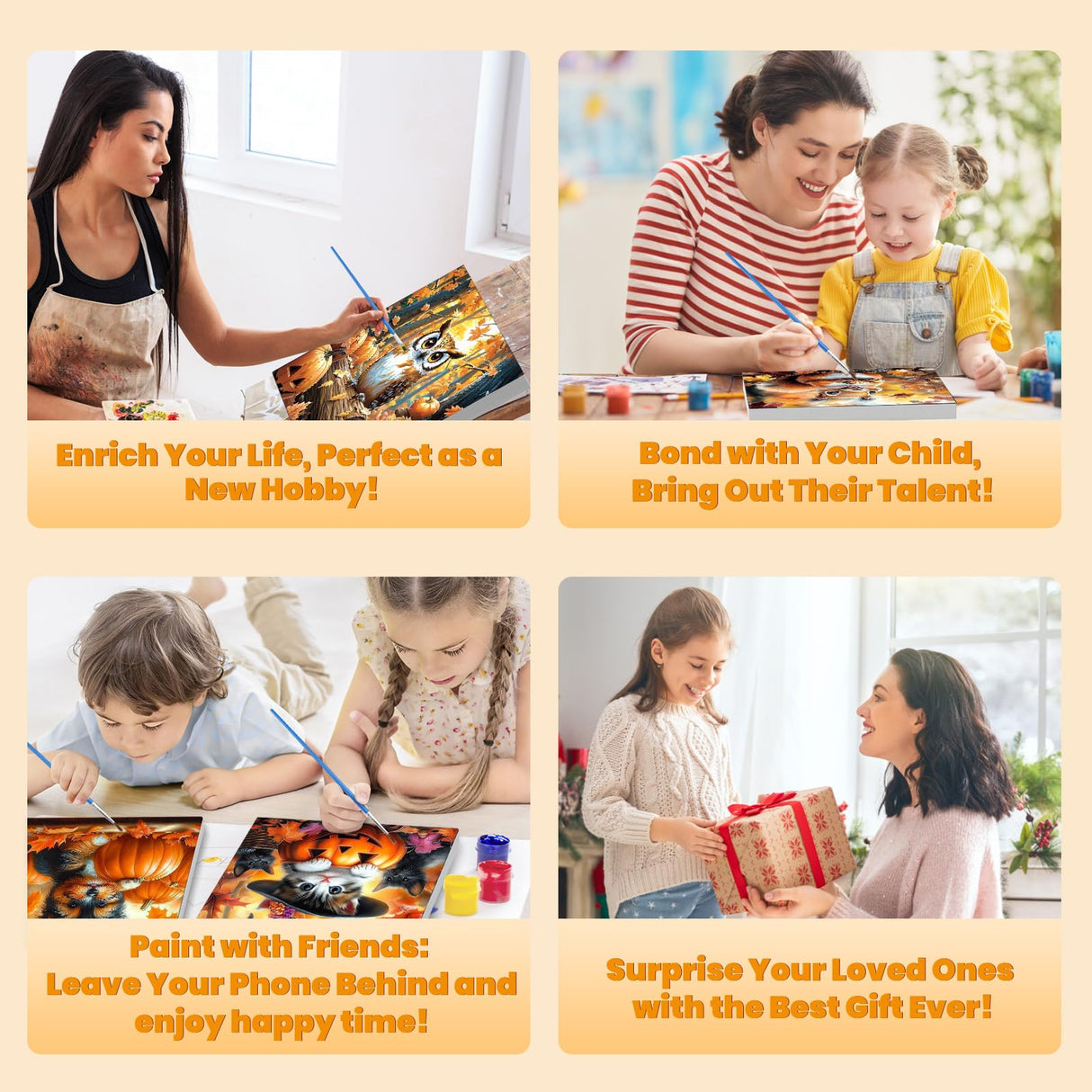 Bowetile 4 Pack Fall Framed Paint by Numbers for Adults Beginners, Easy Adults' Paint-by-Number Kits on Canvas, Acrylic Animals Number Painting Crafts Kits Halloween Gifts for Home Decor, 8x8in Bowetile