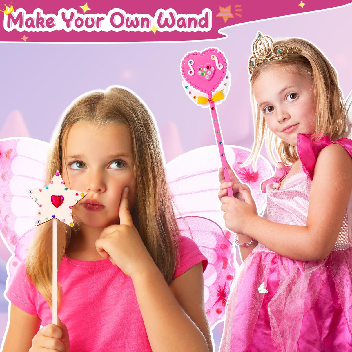 Make Your Own Princess Magic Wand Kit - DIY Fairy Craft Set for Kids Girls - Birthday Party Gift, 39 PCS to Create 14 Wands WizWonders