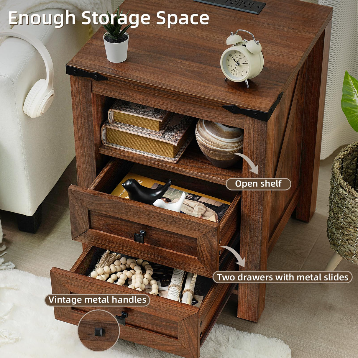 Joaxswe Nightstand with Charging Station and USB Port, Farmhouse Side End Table with 2 Drawers and Open Shelf, Wood Rustic Sofa Table, Bedside Cabinet for Bedroom, Living Room, Closet, Office(Brown) Joaxswe