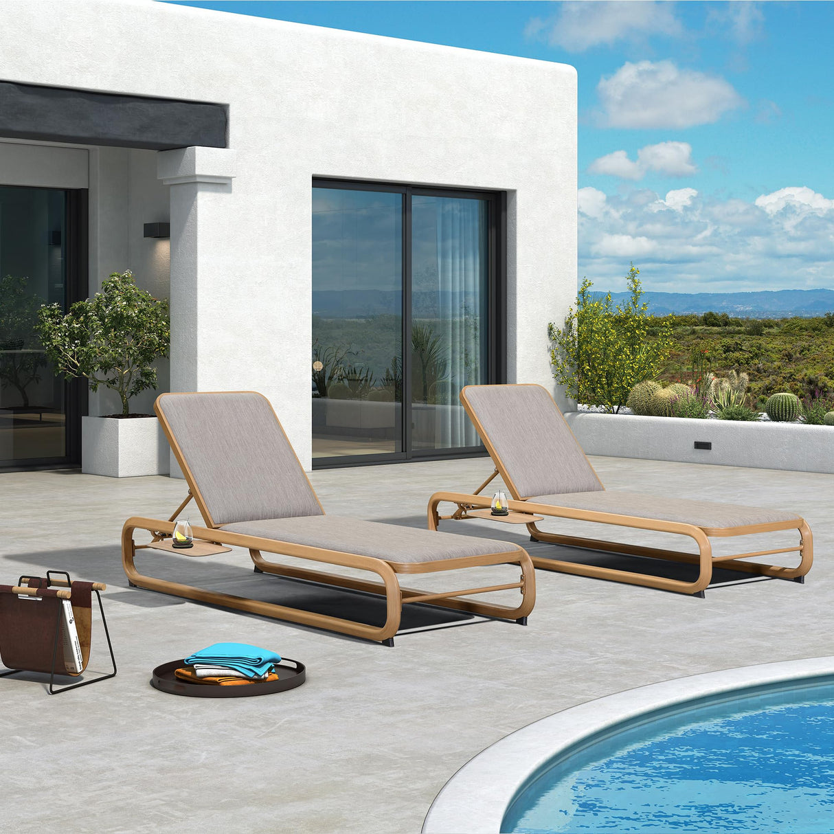 PURPLE LEAF Chaise Lounge Patio Chair Recliner Outdoor for Patio Poolside Balcony w/Slide-Out Side Table with Cushion Adjustable Backrest 2 Pieces Teak PURPLE LEAF