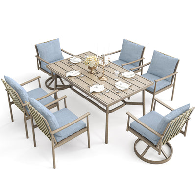 HAPPATIO 7-Piece Outdoor Dining Set for 6, Aluminum Patio Dining Set Includes 4 Dining Chairs, 2 Swivel Dining Chairs, and 1 Large Rectangular Table with Umbrella Hole, for Lawn Porch Backyard, Brown