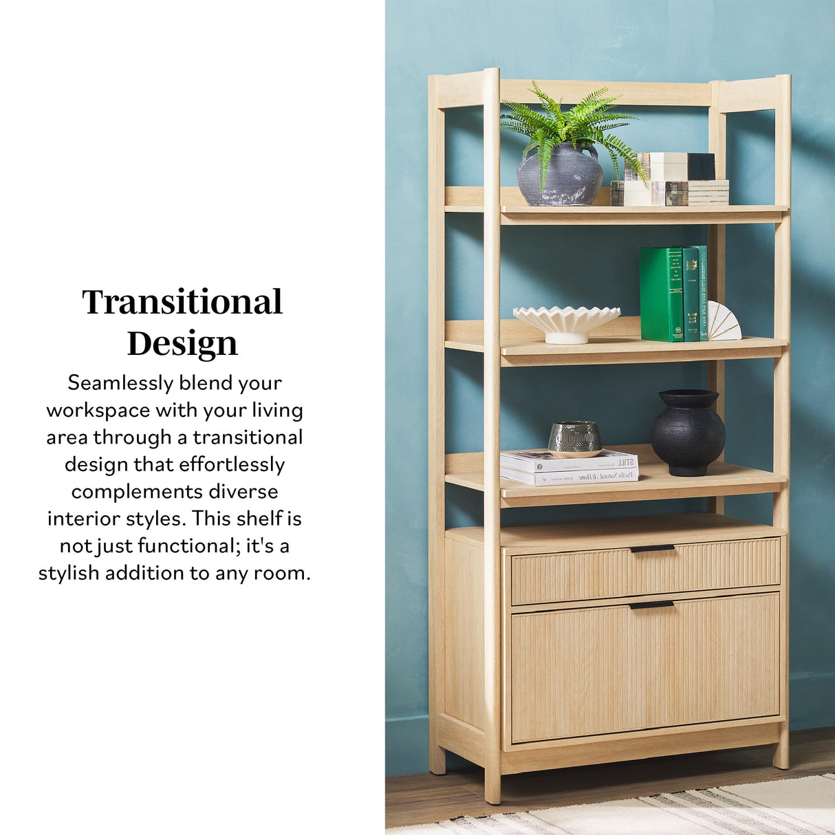 Walker Edison Transitional Open Reeded 4-Shelf Bookshelf with Drawers on Bottom, Versatile Bookcase with Bottom Storage for Home Office, Living Room, Bedroom, 33”W x 16.75”D x 70”H, Coastal Oak Walker Edison