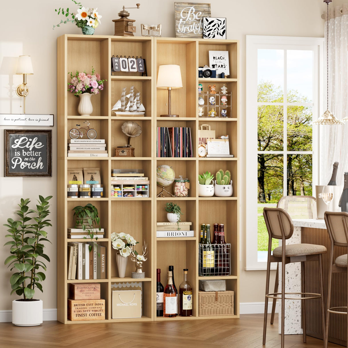 FOTOSOK 71’’ Narrow Bookshelf and Bookcase, Wooden Shelf 7 Tier Media Storage Tower Rack, CD DVD Storage Tower Rack with Adjustable Shelves,Double Wide Slim Bookshelf Cube Storage Organizer, Natural FOTOSOK