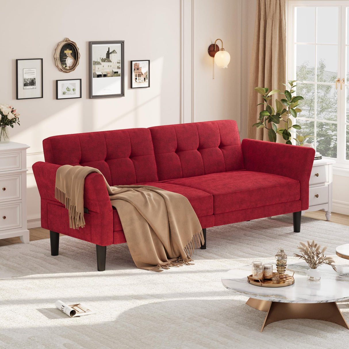 GarveeHome 89" Futon Sofa Bed, Convertible Sleeper Sofa with Adjustable Backrest & Armrest, Modern Futon Couch Bed, Loveseat Sleeper for Living Room Bedroom Apartments, Red GarveeHome