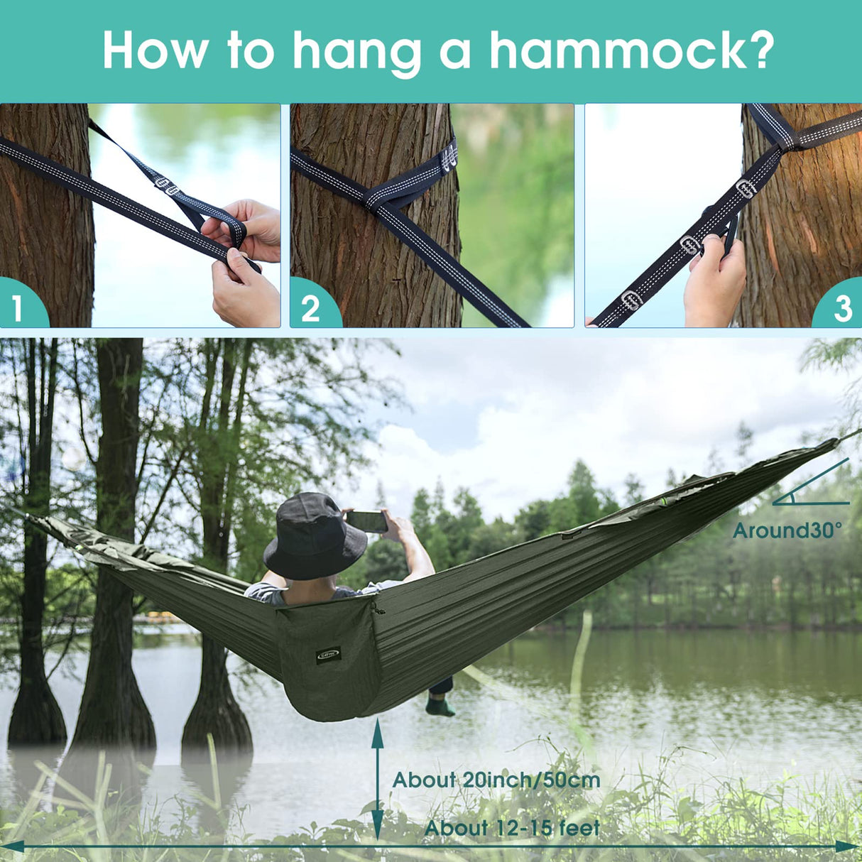 G4Free Large Camping Hammock with Mosquito Net 2 Person Pop-up Parachute Lightweight Hanging Hammocks Tree Straps Swing Bed for Outdoor Backpacking Backyard Hiking (New Army Green) G4Free