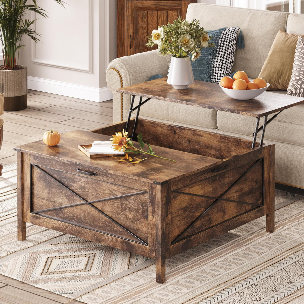 Mauqvit Lift Top Coffee Table,Square Center Table with Hidden Storage Compartment, Farmhouse Wood Coffee Table for Living Room,Bedroom, Home Office Maupvit