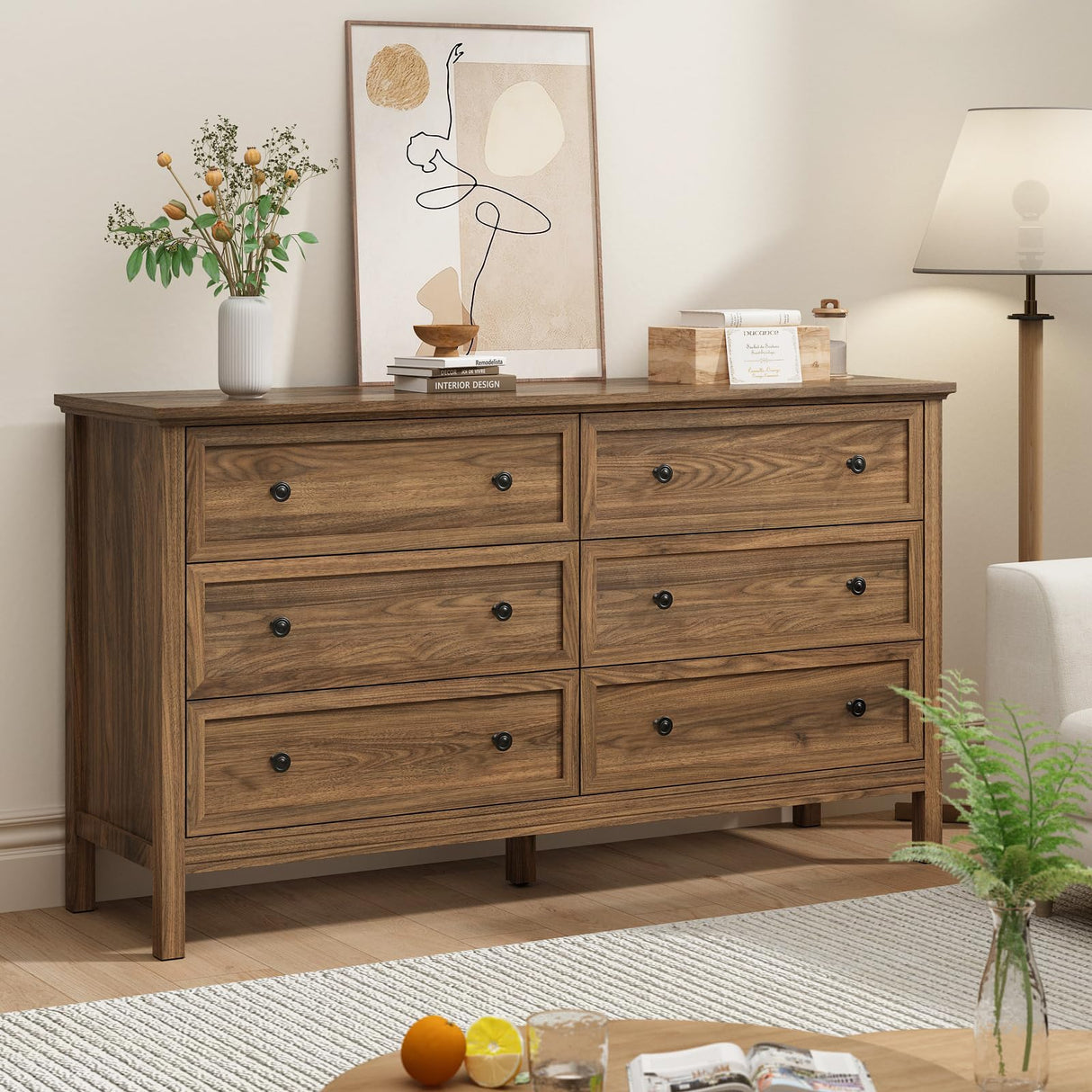 CARPETNAL 55" Walnut Dresser for Bedroom, 6 Drawer Dresser with Wide Drawer and Metal Handles, Wood Dressers & Chests of Drawers for Hallway, Entryway. CARPETNAL