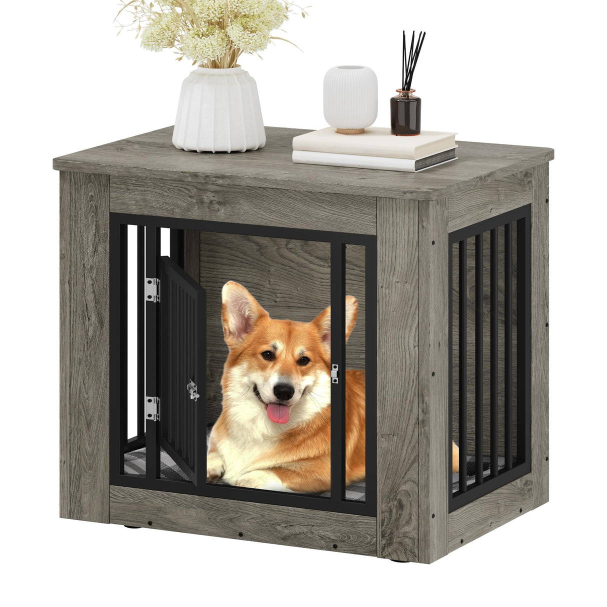 YITAHOME 27.2" L Dog Crate Furniture for Medium Dogs, 2-in-1 Iron-Wood Fusion Dog cage Indoor up to 30 lb, Side End Table, Modern Dogs Kennel with Waterproof Top, Safety Corners,Steel Lock,Grey YITAHOME