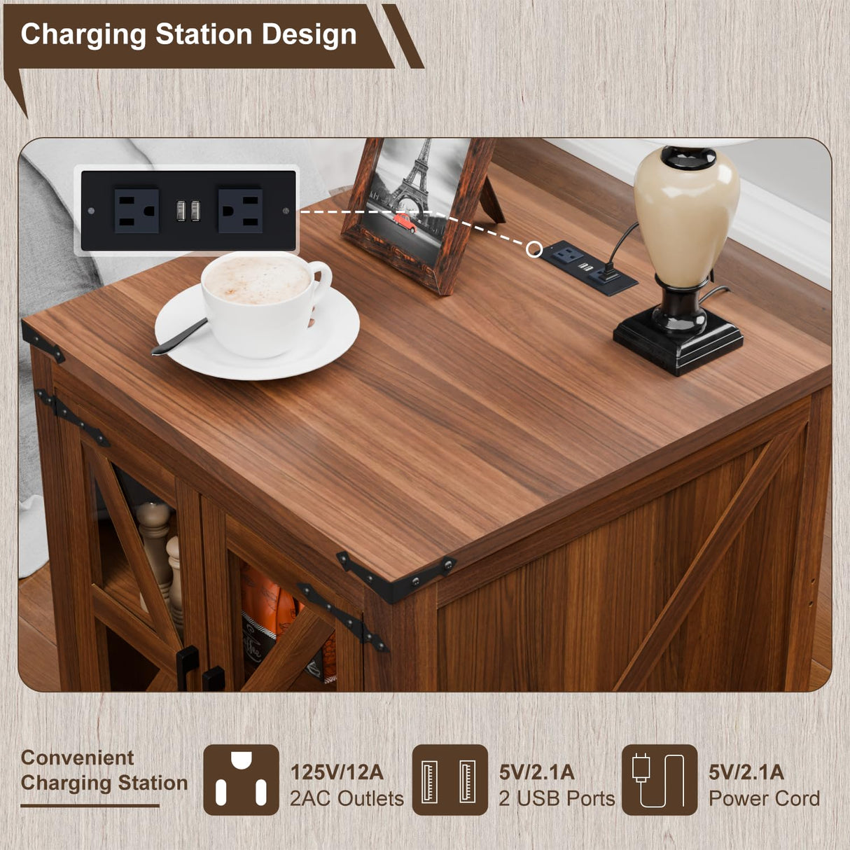 VITESSE Farmhouse End Table, 24" Large Wood Square Nightstand with Doors, Sofa Side Table with Charging Station Modern Nightstand Storage Cabinet for Living Room, Bedroom, Entryway (Brown) VITESSE