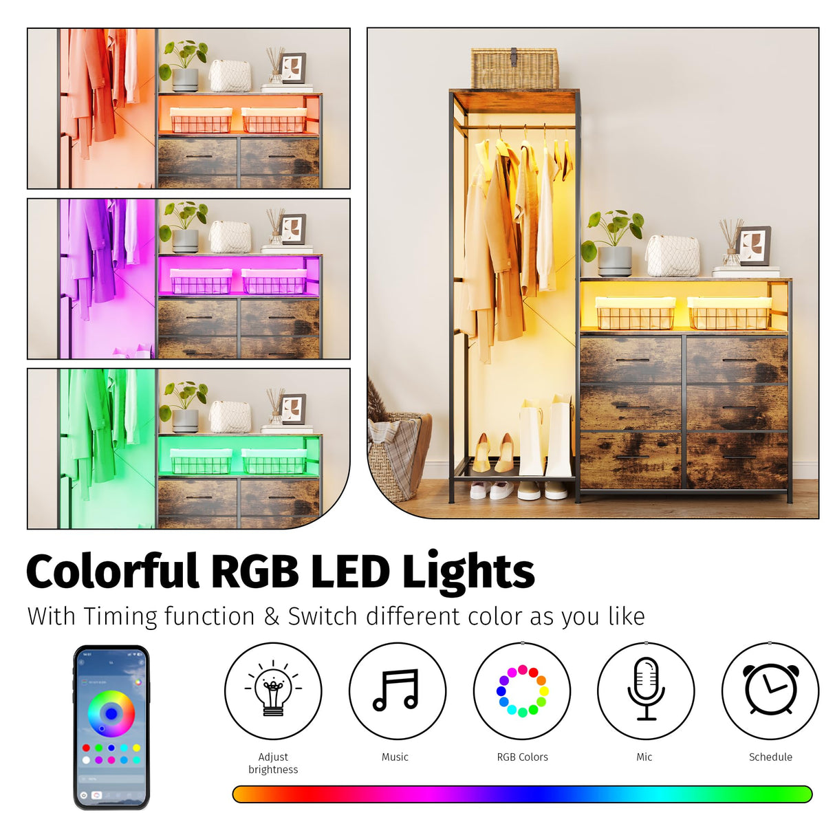 Famovoneer Heavy Duty Garment Rack with Fabric Drawers and LED Light, Freestanding Portable Closet Wardrobe Systems with Shelves for Bedroom, Entryway, Apartment Famovoneer