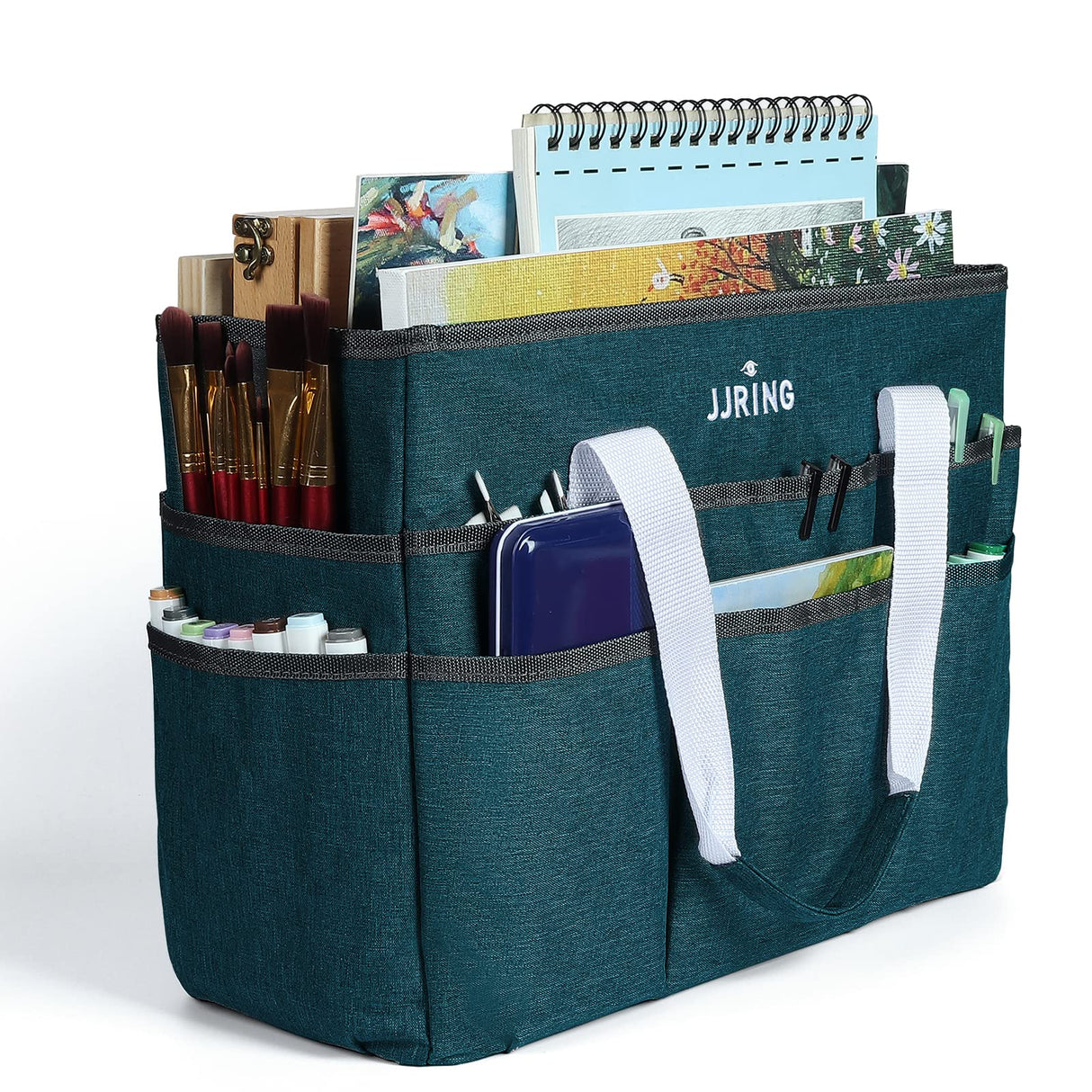 JJRING Craft Organizer Tote Bag, Large Art Storage Caddy with Multiple Pockets, Bluish Green Sewing Bag for Art, Craft, Scrapbooking, School, Medical, and Office Supplies Storage JJRING