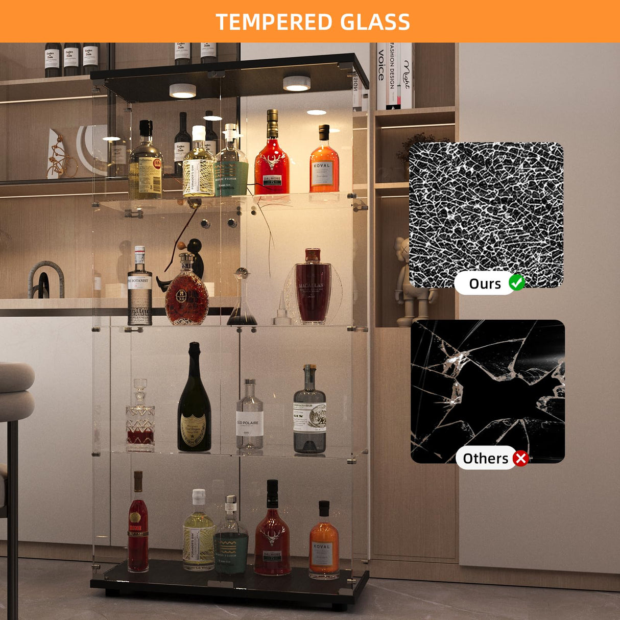 FANYUSHOW Glass Display Cabinet with LED Light, 2 Doors and Lock, Quick-Install Style 4-Shelf Curio Cabinet 5mm Tempered Glass Bookshelf for Living Room, Bedroom, 65" H x 32''L x 14''W (Black) FANYUSHOW