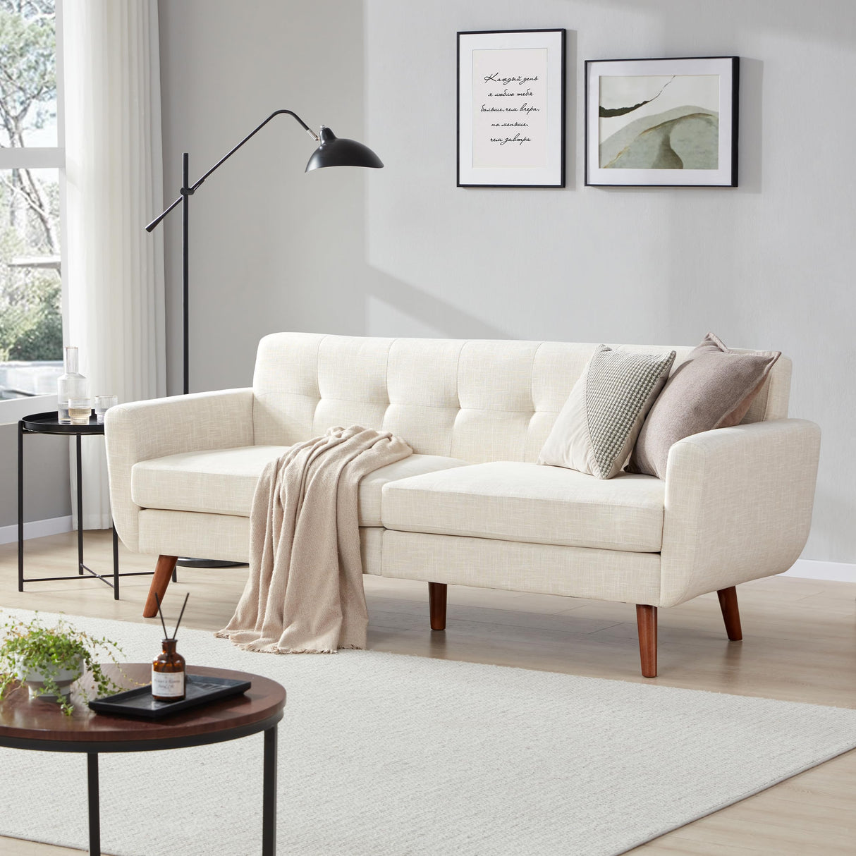 Tbfit 78" W Linen Sofa Couch, Mid Century Modern Decor Loveseat Couches for Living Room, Button Tufted Upholstered Small Couch for Bedroom, Solid, and Easy to Install Love Seats Furniture, Beige Tbfit