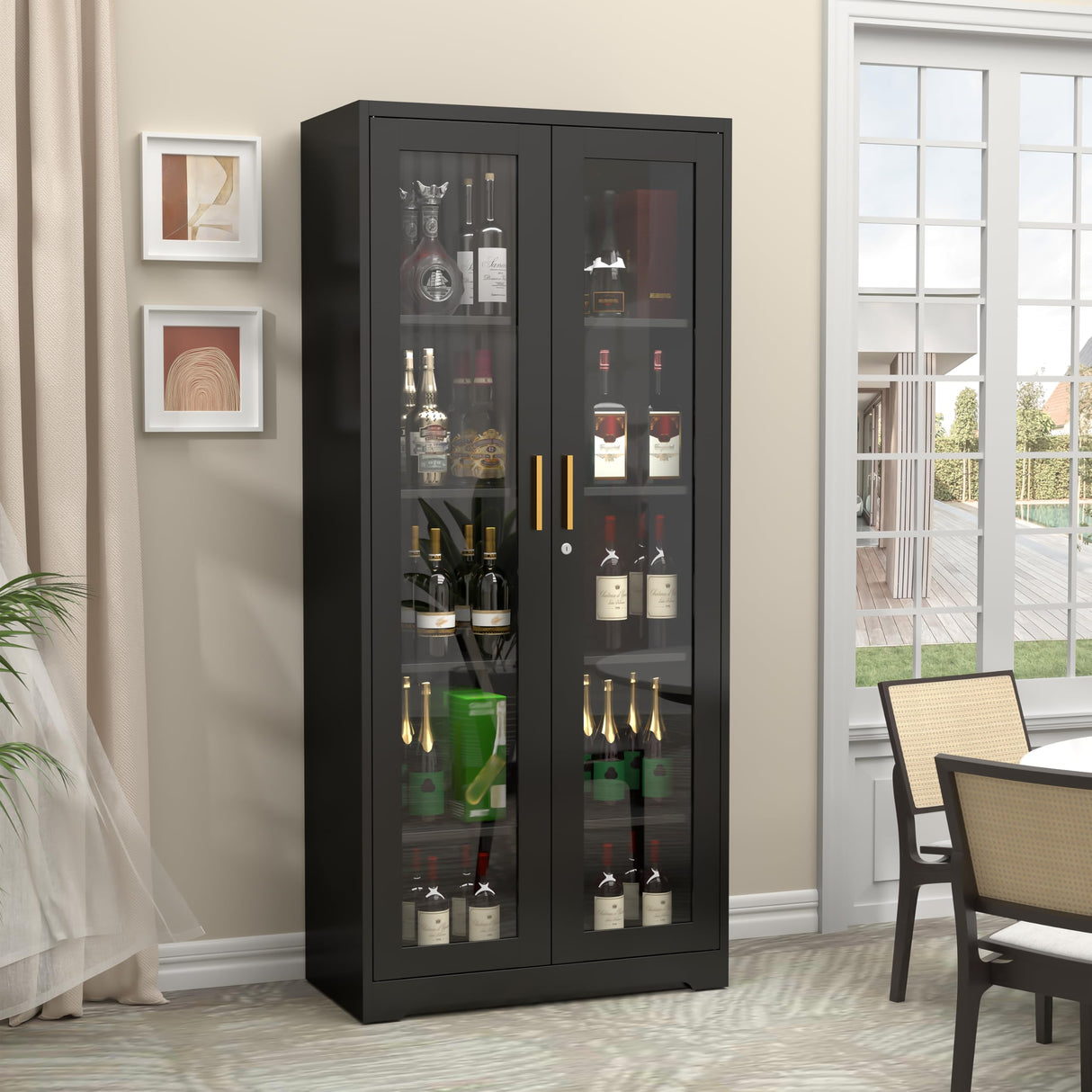SteeLoong 71" Glass Display Cabinet with Lock,Curio Cabinet with Glass Doors, Metal Display Case with 4 Adjustable Shelves, Black Bookcase Locking Storage Cabinets for,Liquor,Commercial SteeLoong