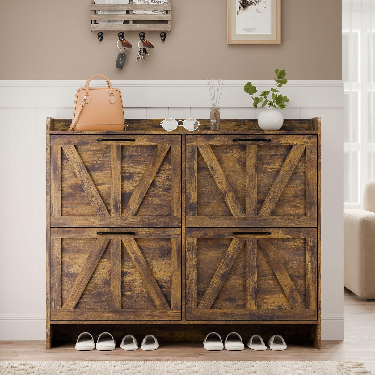 MU Shoe Storage Cabinet with 4 Flip Drawers, Freestanding Shoe Cabinet, Shoe Organizer with Wood Legs for Entryway, Slim Shoe Cabinet, Rustic MU