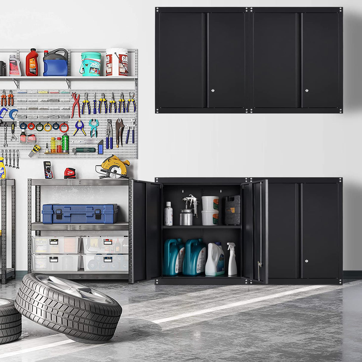 GREATMEET Metal Wall Storage Cabinet with Locking Doors,Wall Mounted Garage Storage Cabinets with 1 Adjustable Shelf and 2 Doors,Steel Cabinet for GREATMEET