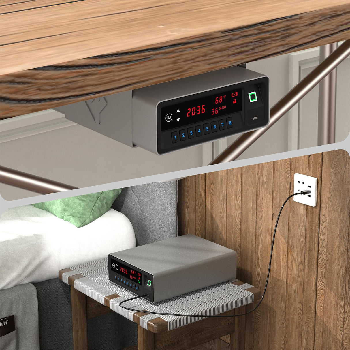 QINGENO Smart Gun Safe with Security Cable - Biometric Pistol Safe for 2 Handgun 3 Ways Quick Access with Fingerprint/Keypad/Key, for Nightstand Bedside Home with LCD and Voice Guide (Grey) QINGENO