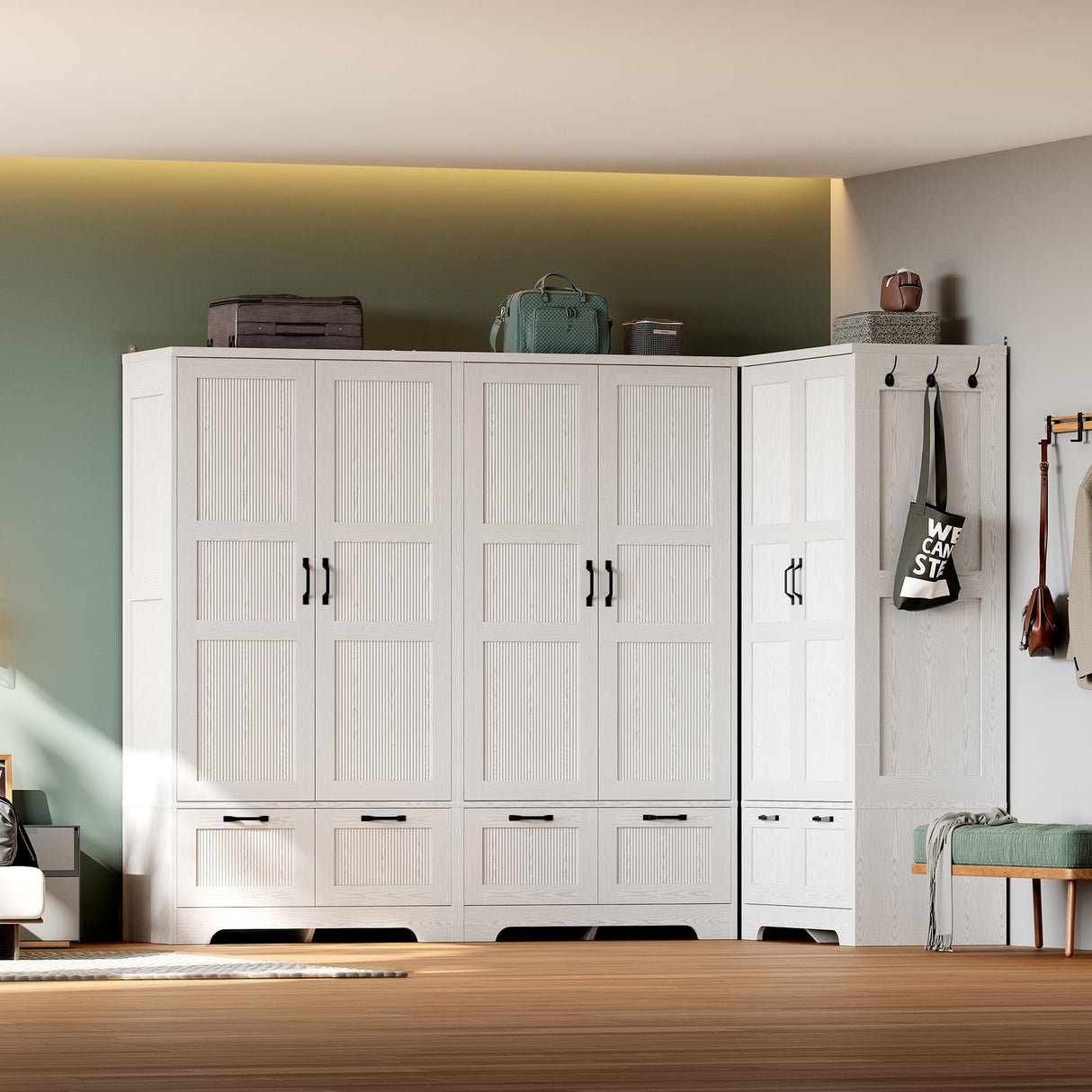 ANCTOR Armoire Wardrobe Closet, 71" H Wooden Clothing Storage Cabinet with 2 Doors and 2 Drawers, Bedroom Freestanding Wardrobe Combination with Hanging Rod and Adjustable Shelves, White ANCTOR