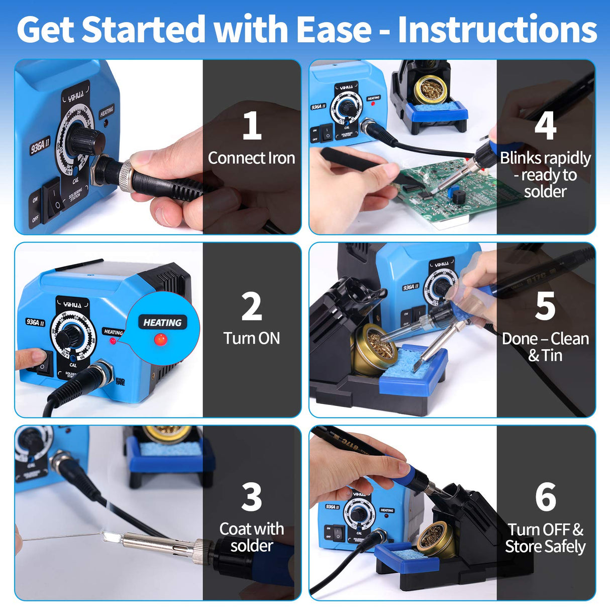 YIHUA 936A II Soldering Iron Station Kit, 65W with Intelligent Working Light. Easily Adjustable from 392℉~896℉. With Plug-in Iron Handle, a Solder Iron Stand, Solder Wire & 5 extra Solder Tips. YIHUA
