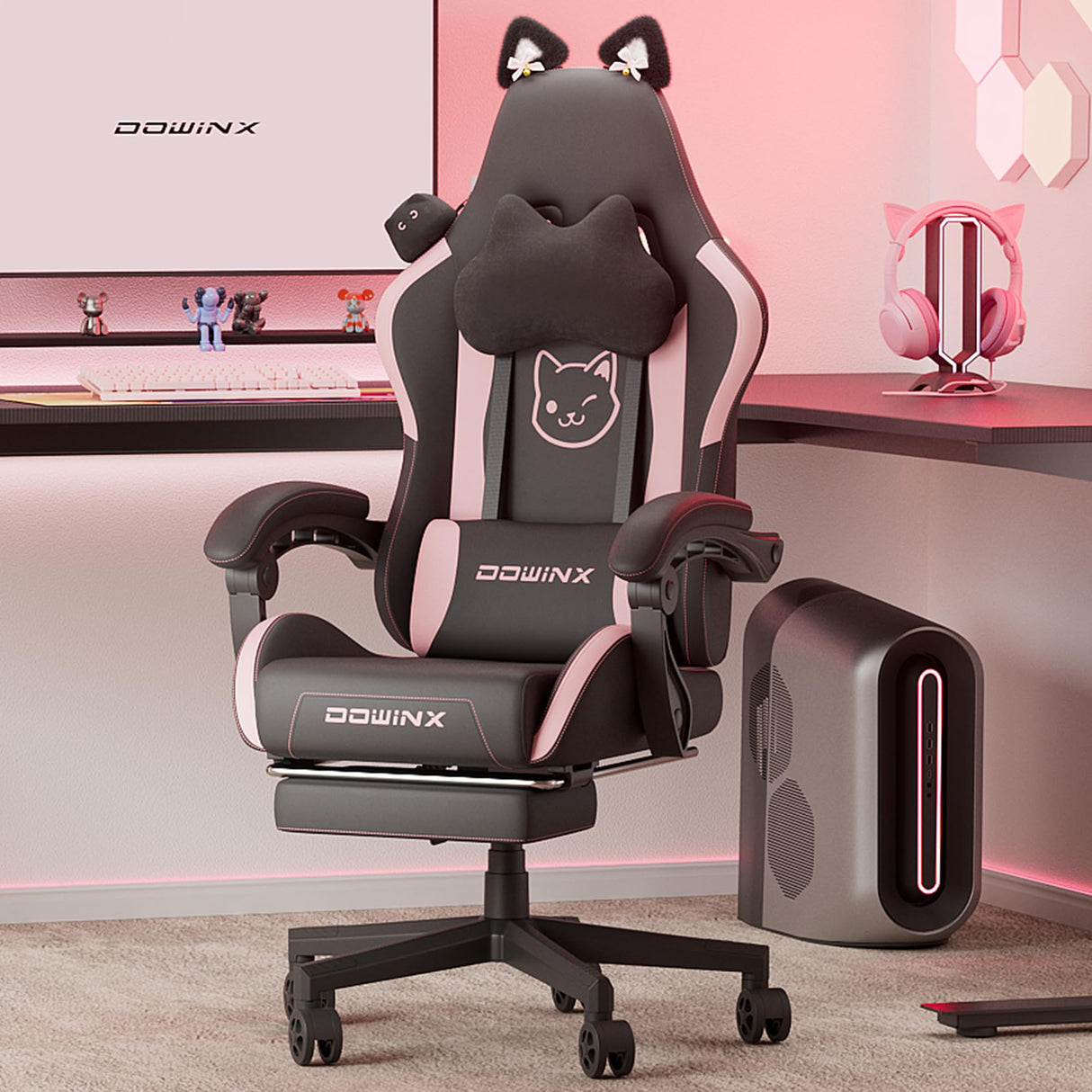 Dowinx Gaming Chair Cute with Cat Ears and Massage Lumbar Support, Ergonomic Computer Chair for Girl with Footrest and Headrest, Comfortable Reclining Game Chair 290lbs for Adult, Teen, Black Dowinx