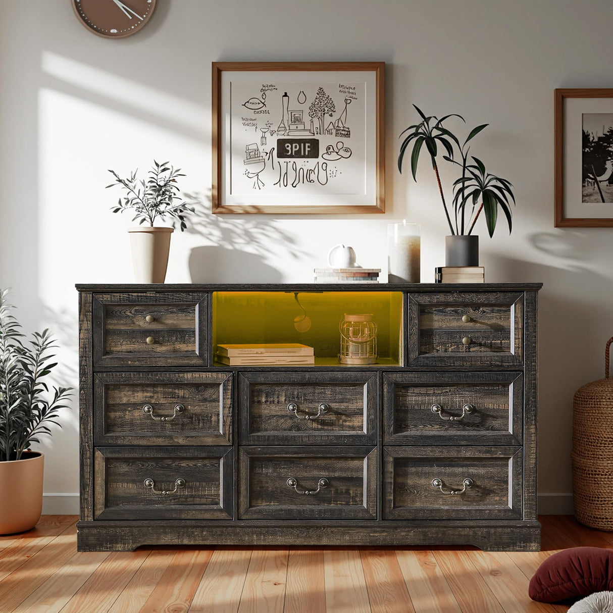 Homkdom Dresser for Bedroom with Charging Station & Led Lights,55.02" TV Stand with 8 Drawers,Dressers & Chests of Drawers with Open Shelves,Hallway,Closet 55.02" W x 34.53" H x 15.77" D Rustic Oak Homkdom