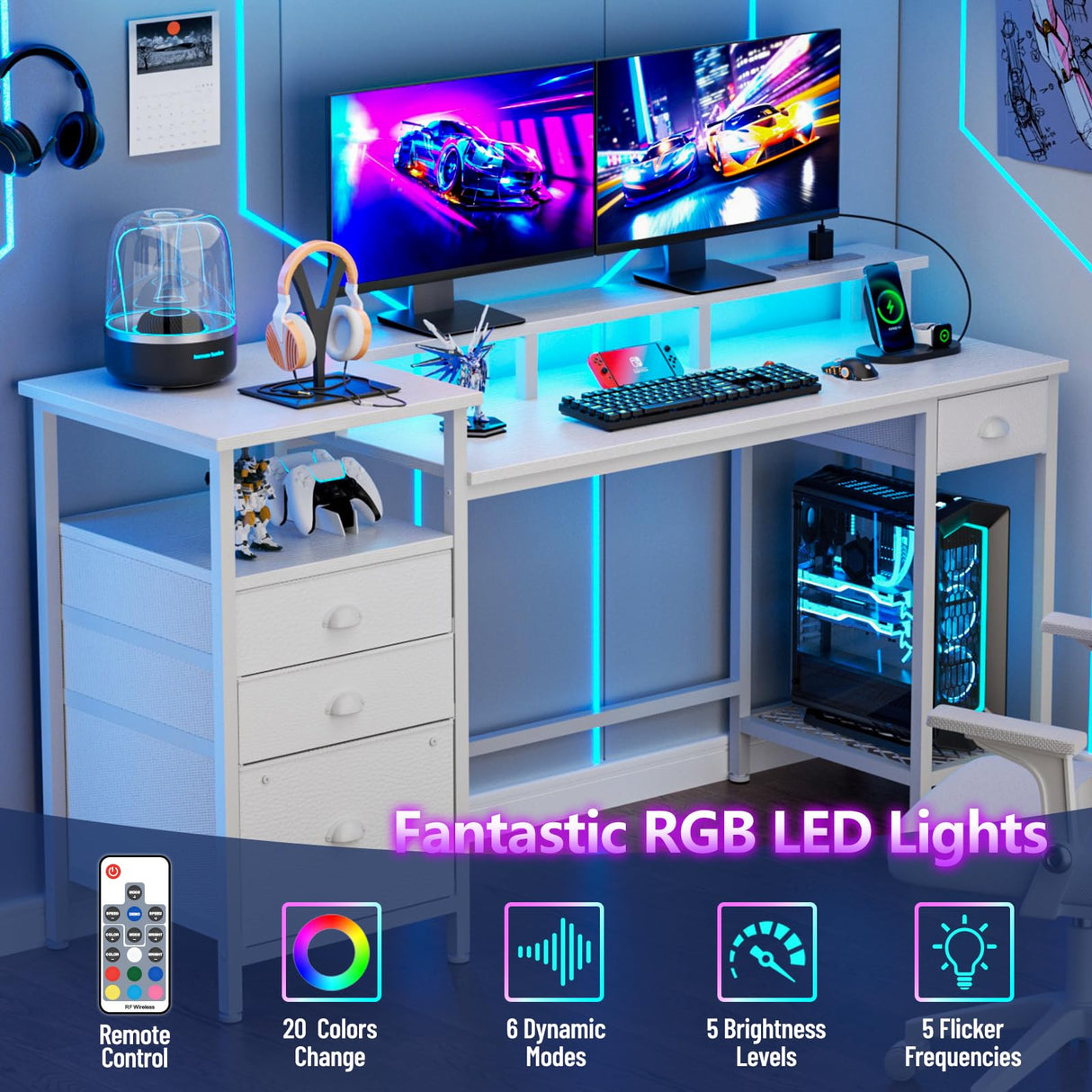 Furologee White Computer Desk with 4 Drawers, 60" Long Office Desk with Fabric File Cabinet and Power Outlets, Gaming Desk with LED Lights, Study Writing Work Desk with Shelf for Home Office Furologee