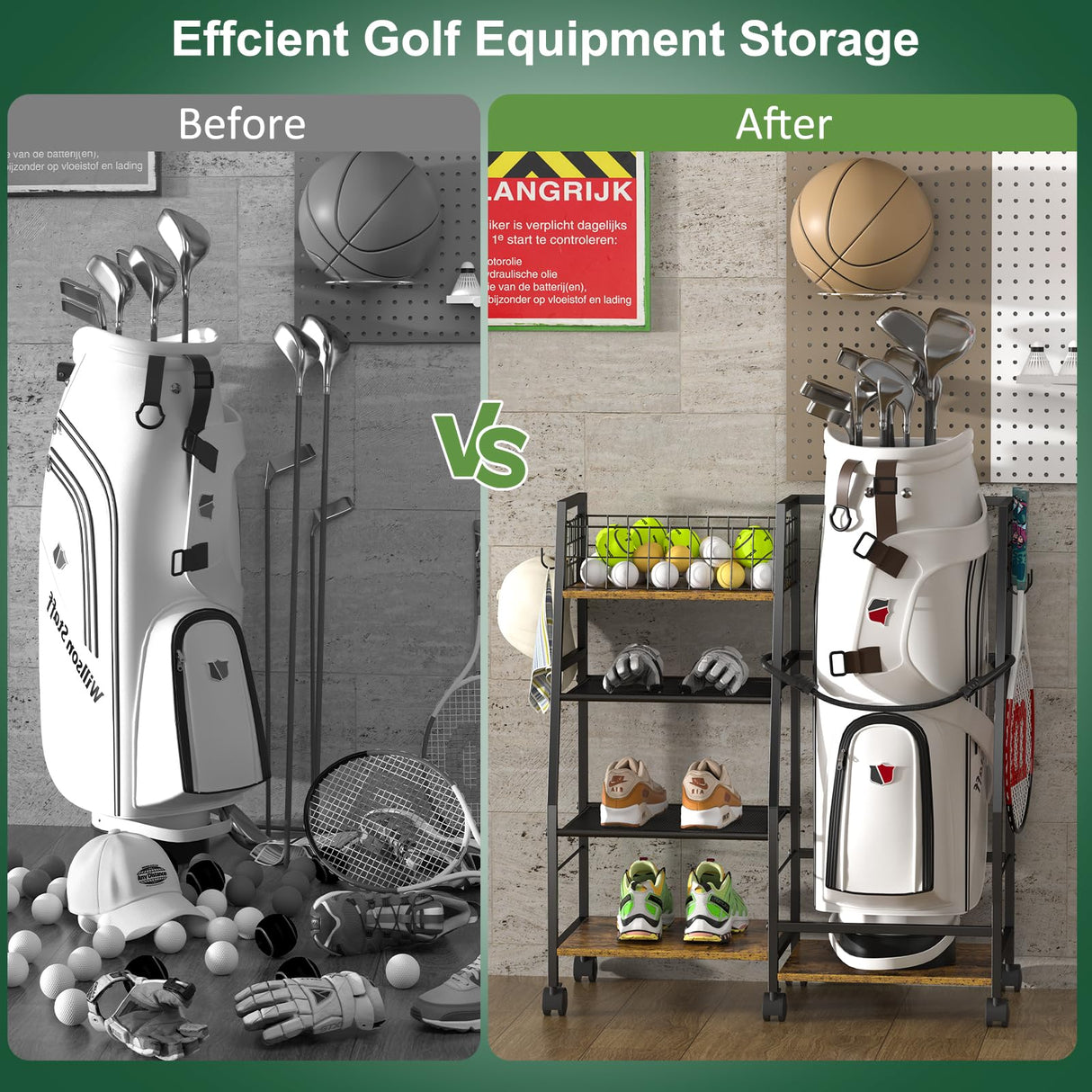 DAOUTIME Golf Bag Garage Storage Rack with Wheels, Organizer for Single Golf Bag and Equipment Accessories, Ideal for Home, Garage, Club, Shed, Basement - Sturdy Wood and Metal Construction (Black) DAOUTIME