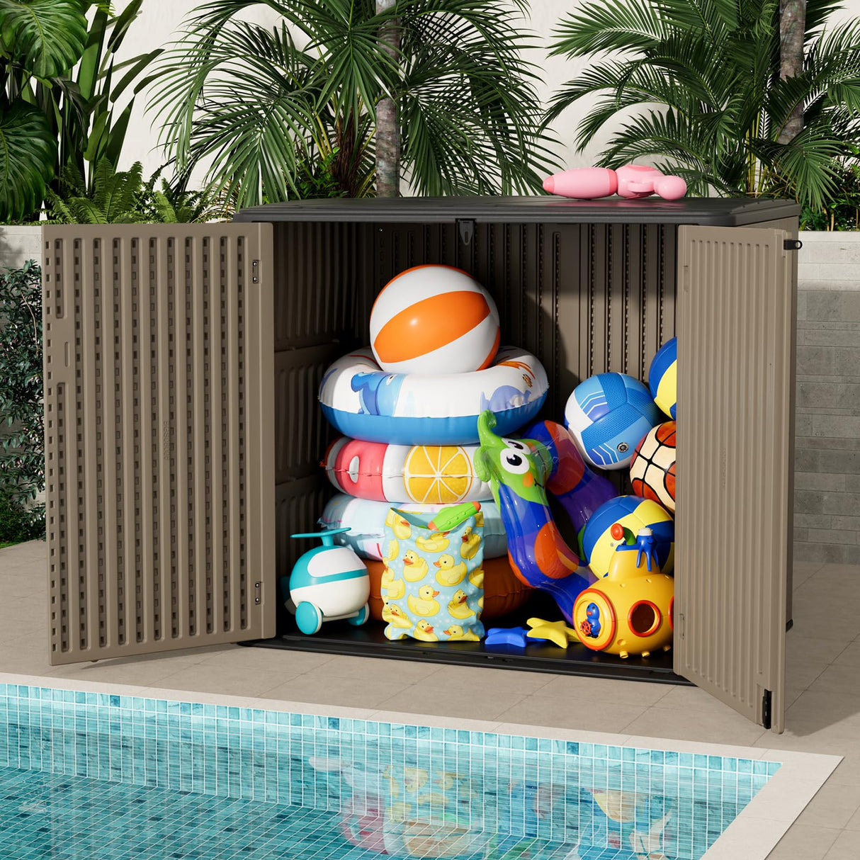 ZZM Large Outdoor Storage Shed, 48 Cu Ft Resin Versatile Storage Cabinet for Patio Accessories, Trash Cans & Garden Tools, Durable Horizontal Storage Box with Lockable Lid (Coffee) ZZM