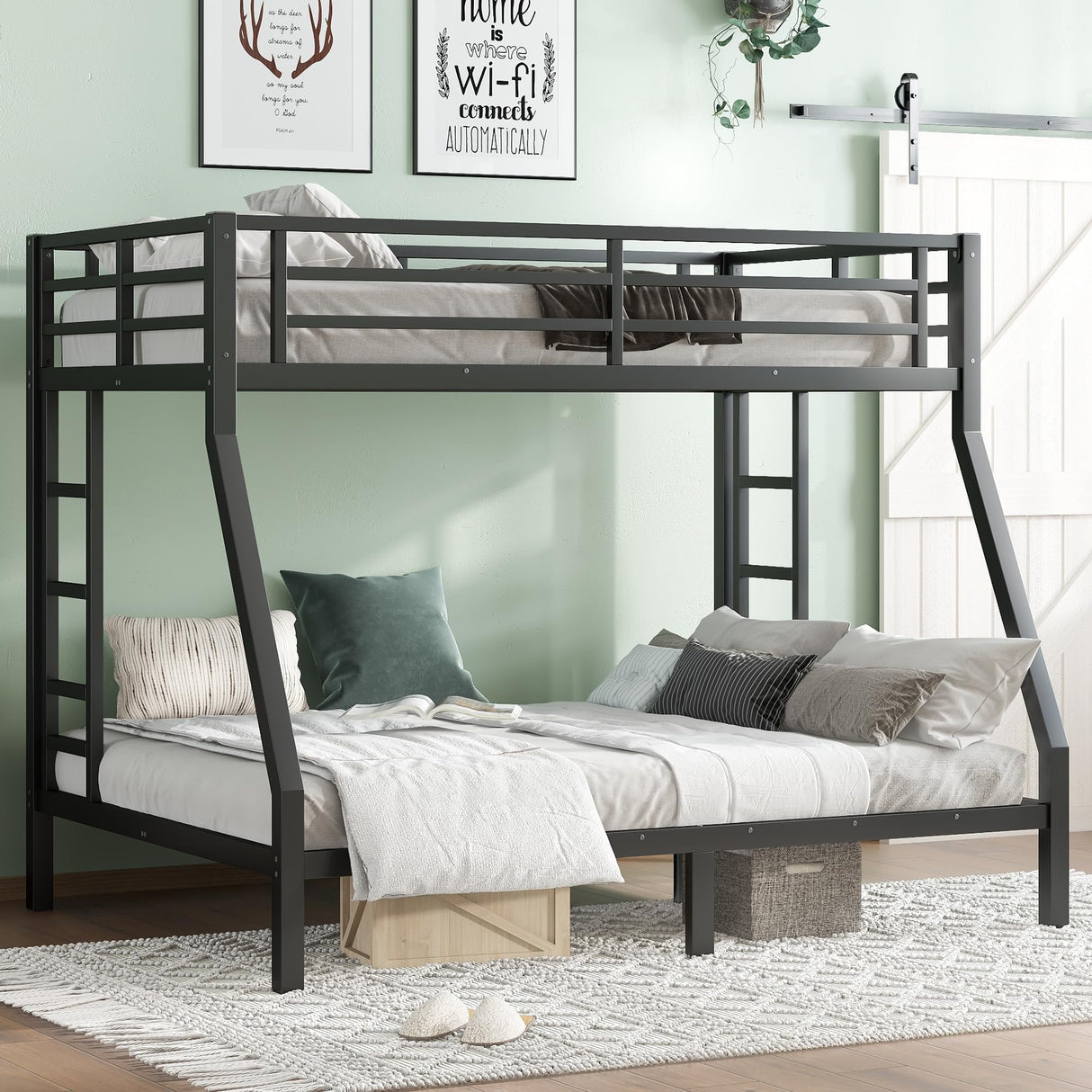 Twin Over Full Bunk Beds for Adults,Heavy Duty Adult Bunk Beds,Metal Bunk Bed Twin Over Full with 2 Ladders for Kids,Teens,Noise-Free,Black Bellemave