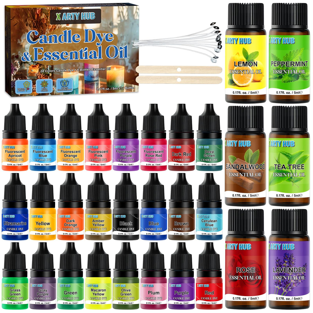 ARTY HUB Candle Dye - 24 Colors & 6 Essential Oils for Soy Candle Making - 30 Bottles X ARTY HUB
