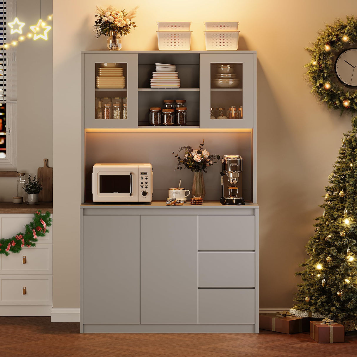 IDEALHOUSE 71" Pantry Cabinet with Charging Station,Tall Kitchen Pantry Storage Cabinet with Led Lights,Kitchen Hutch with Microwave Stand for Dining Room, Living Room IDEALHOUSE