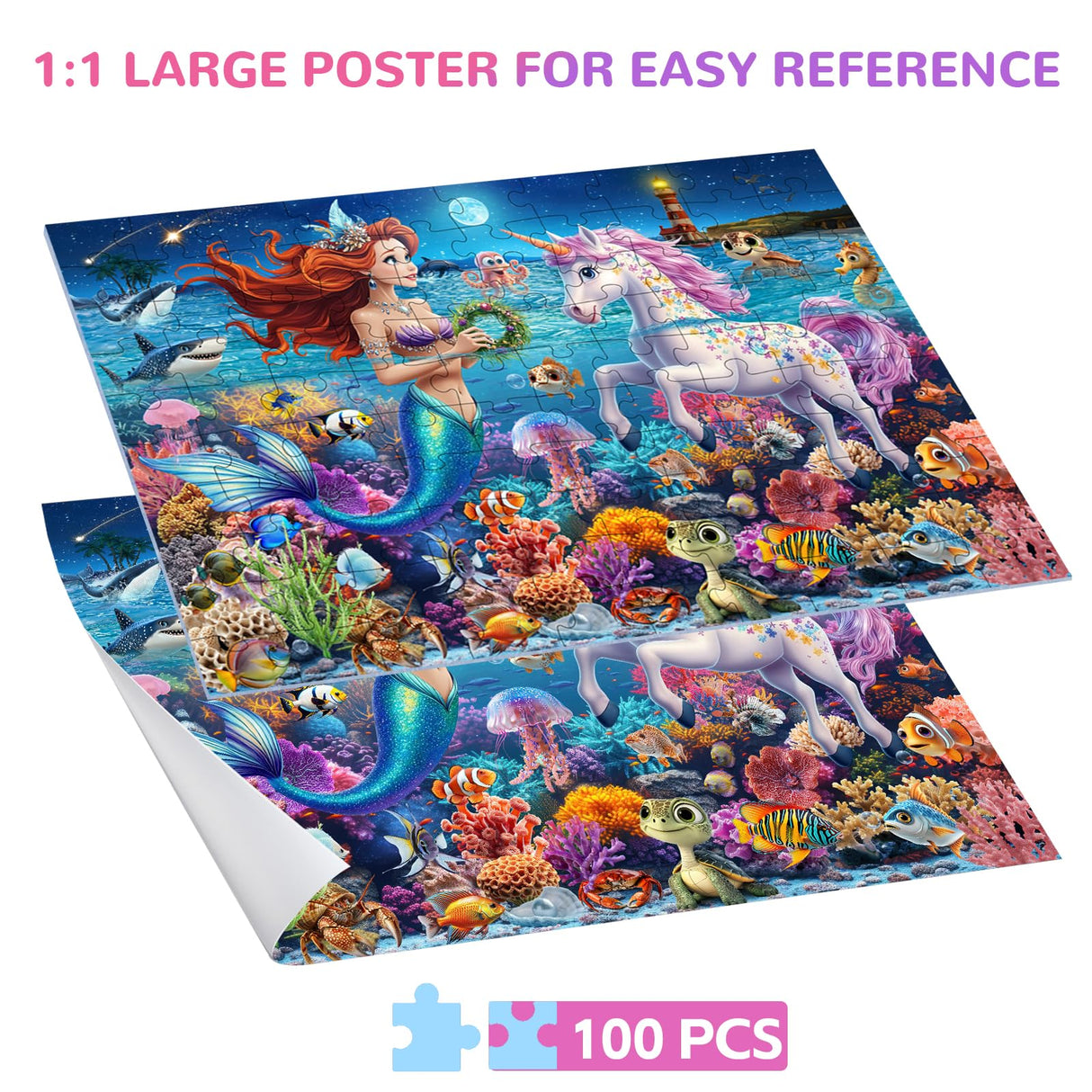 JOYZEXY 100 Piece Puzzles for Kids Ages 4-6-8, Mermaid and Unicorn Puzzles 100 Pieces for Kids, Underwater Scene Jigsaw Puzzle for Children Learning Educational Toys Gifts for Girls Boys JOYZEXY