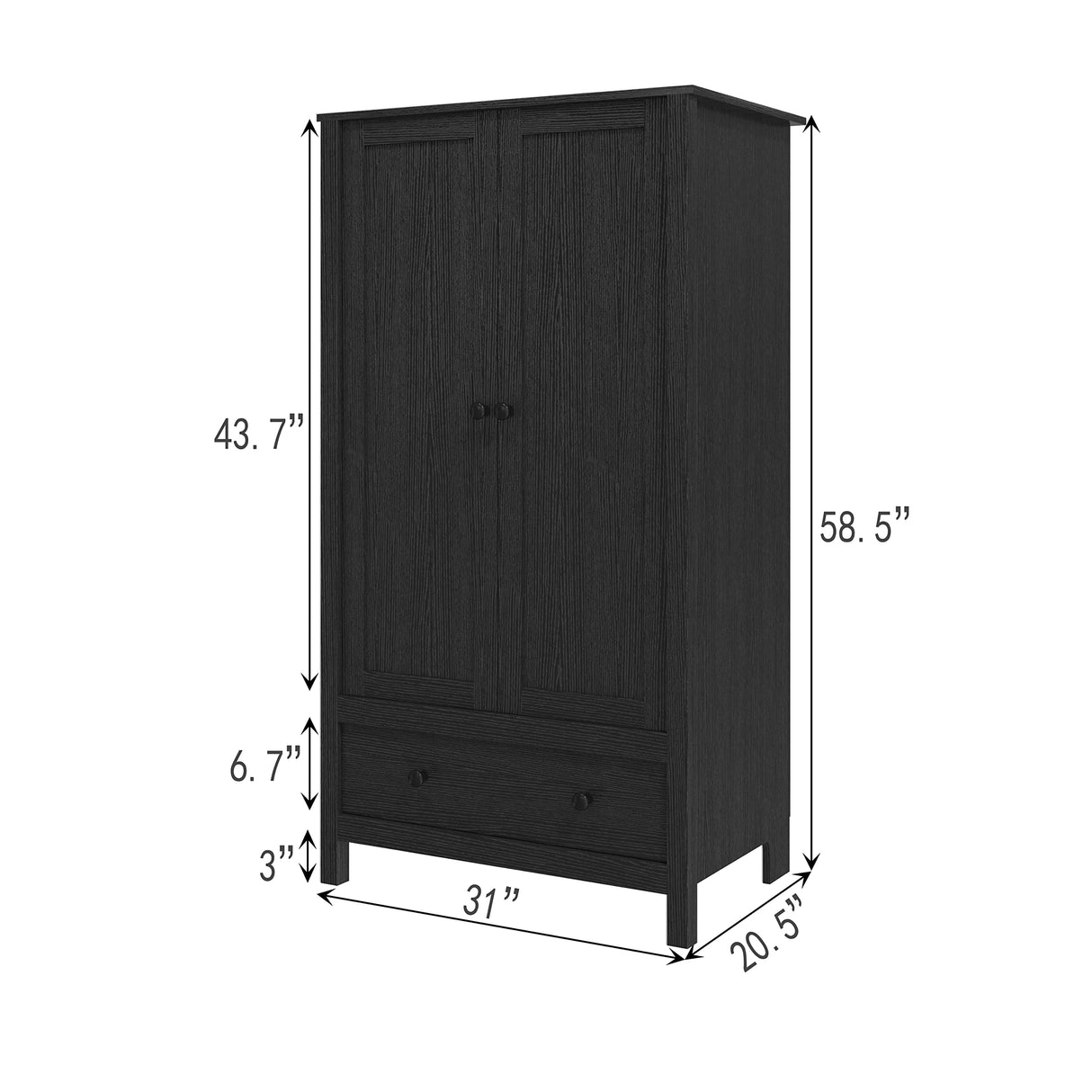 Panana 2 Door Wardrobe, Armoire with Drawer for Bedroom (Black) Panana