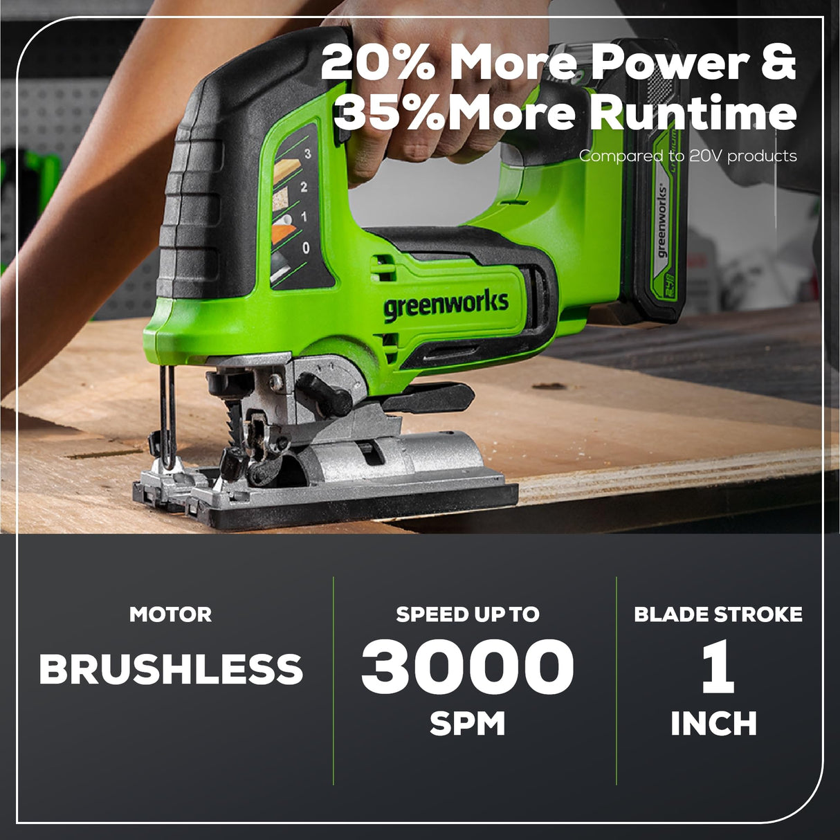 Greenworks 24V Cordless Jig Saw,3000 SPM Brushless 1 Inch Stroke Length Jigsaw with 6PCS Blades,4 Orbital Settings,45 Degree Cutting Angle,Tool-Free Blade Changing Greenworks