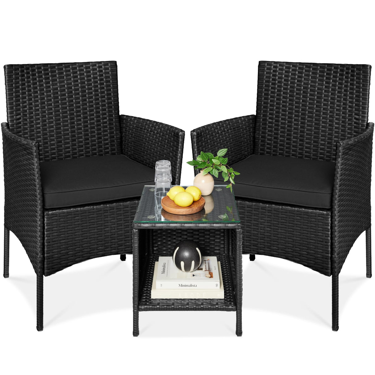 Best Choice Products 3-Piece Outdoor Wicker Conversation Bistro Set, Space Saving Patio Furniture for Garden w/Side Table - Black/Black Best Choice Products