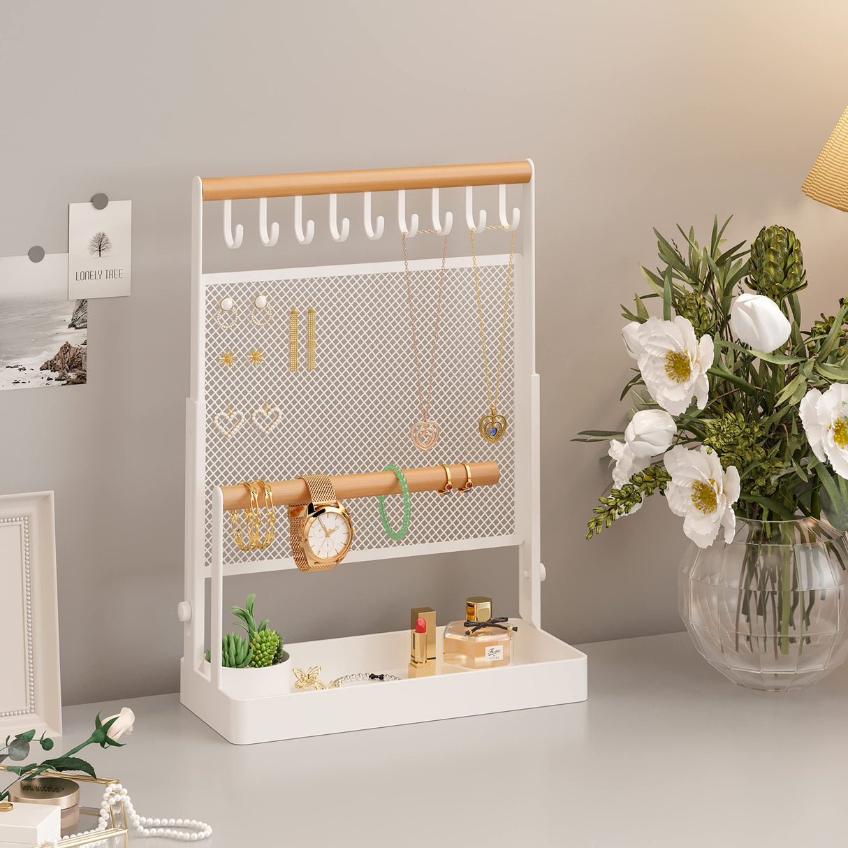 IOAIANIA Jewelry Organizer Stand, Liftable Necklace Holder with Earring Organizer Net, 9 Hooks Necklaces Storage Wooden Handing Bar for Bracelets Watches Rings (White) IOAIANIA