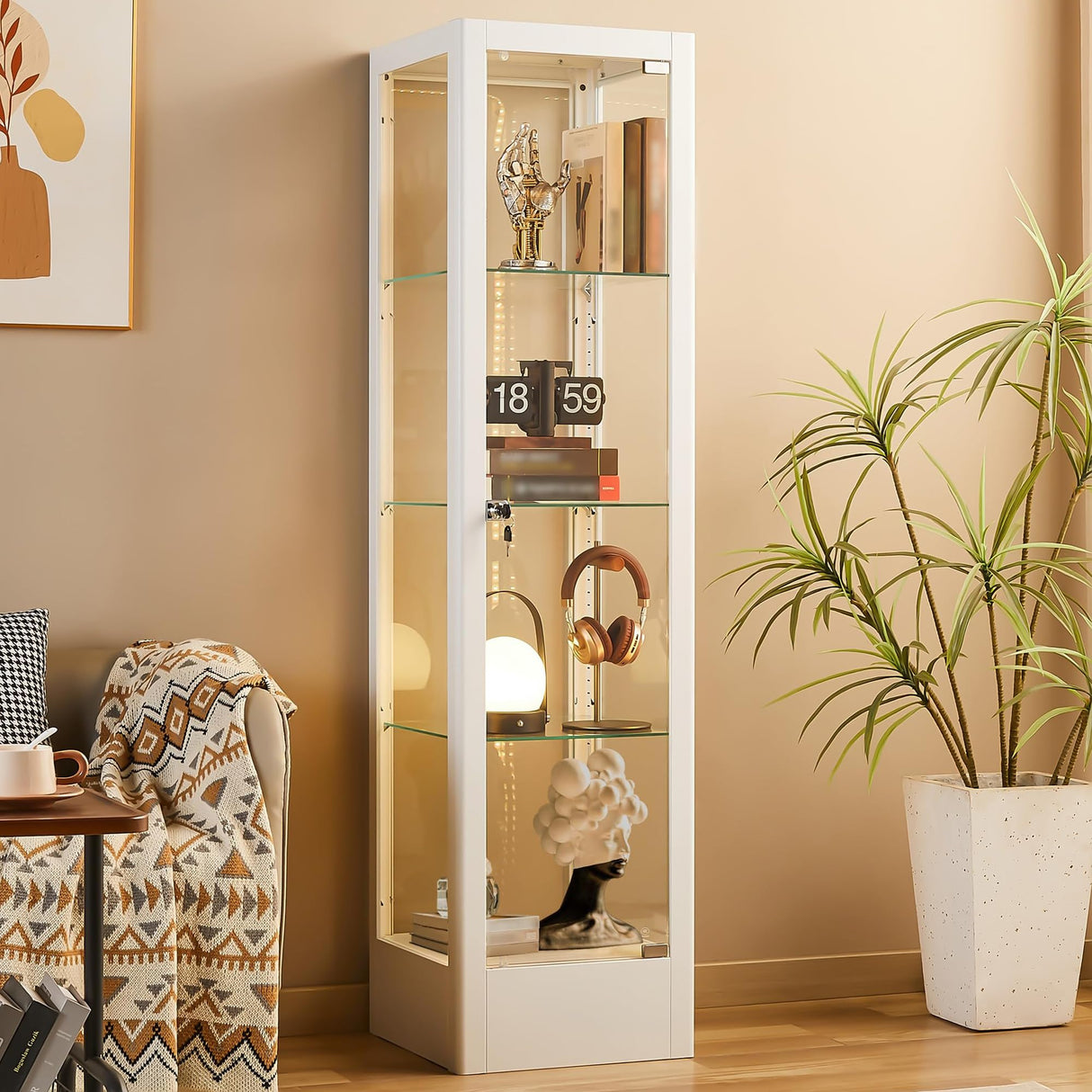 BECHAEO Glass Display Cabinet with 12 Color Lights and Lock, 4-Tier Curio Cabinet with Tempered Glass Door, Adjustable Shelves, 63" Metal Display Case for Collectibles Living Room, White BECHAEO