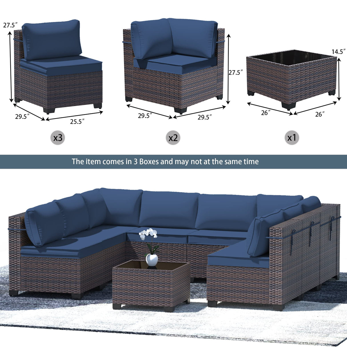 RTDTD Outdoor Patio Furniture Set, 9 Pieces Outdoor Furniture All Weather Patio Sectional Sofa PE Wicker Modular Conversation Sets with Coffee Table,8 Chairs & Seat Clips(Dark Blue) RTDTD