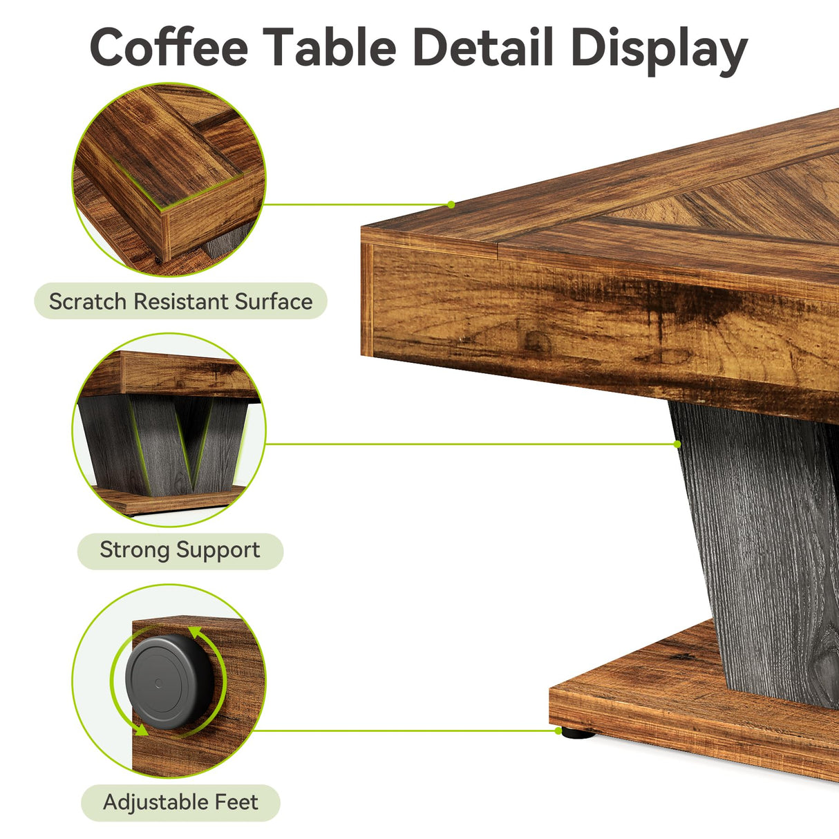 LITTLE TREE Square Coffee Table, Modern Rustic Coffee Table for Living Room, Wooden Coffee Table with Adjustable Feet, Brown LITTLE TREE