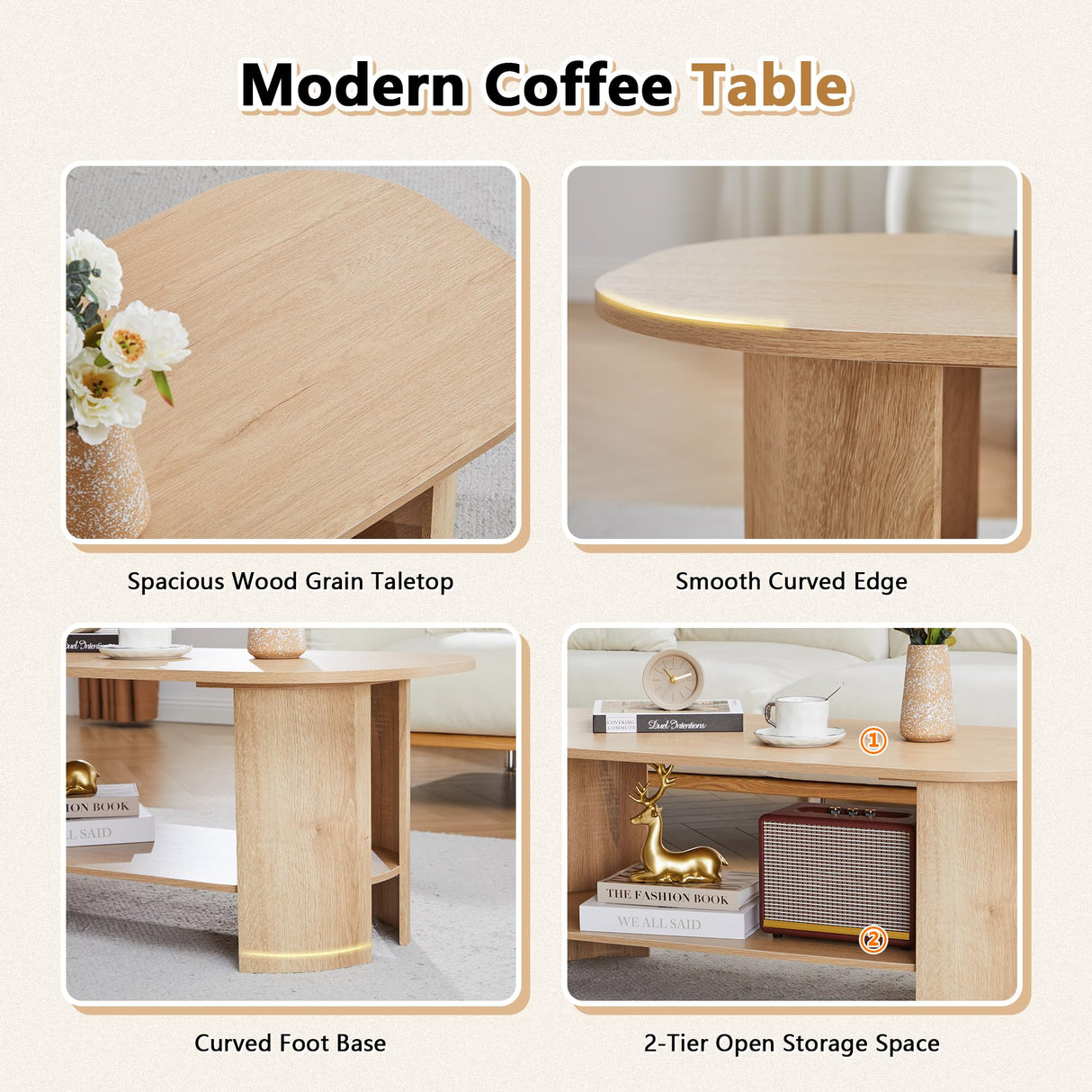 MAHYIZYI 43.3” Oval Coffee Tables for Living Room, Wood Farmhouse Coffee Table with Storage, 2-Tier Center Table with Storage Shelf Low Tea Table for Small Space, Home, Office (Natural) MAHYIZYI