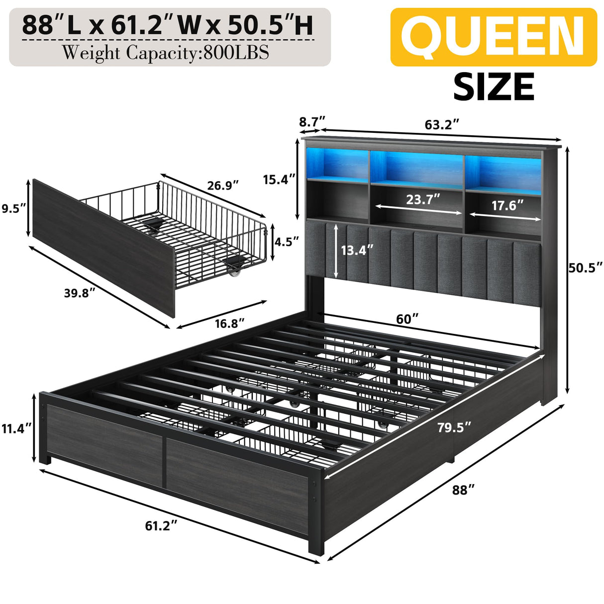 Lifezone Queen Bed Frame with Headboard, Queen Bed Frame with High Storage Bookcase Headboard, 4 Storage Drawers & Charging Station, No Box Spring Needed/Noise Free/All-Metal Support, Rustic Grey Lifezone