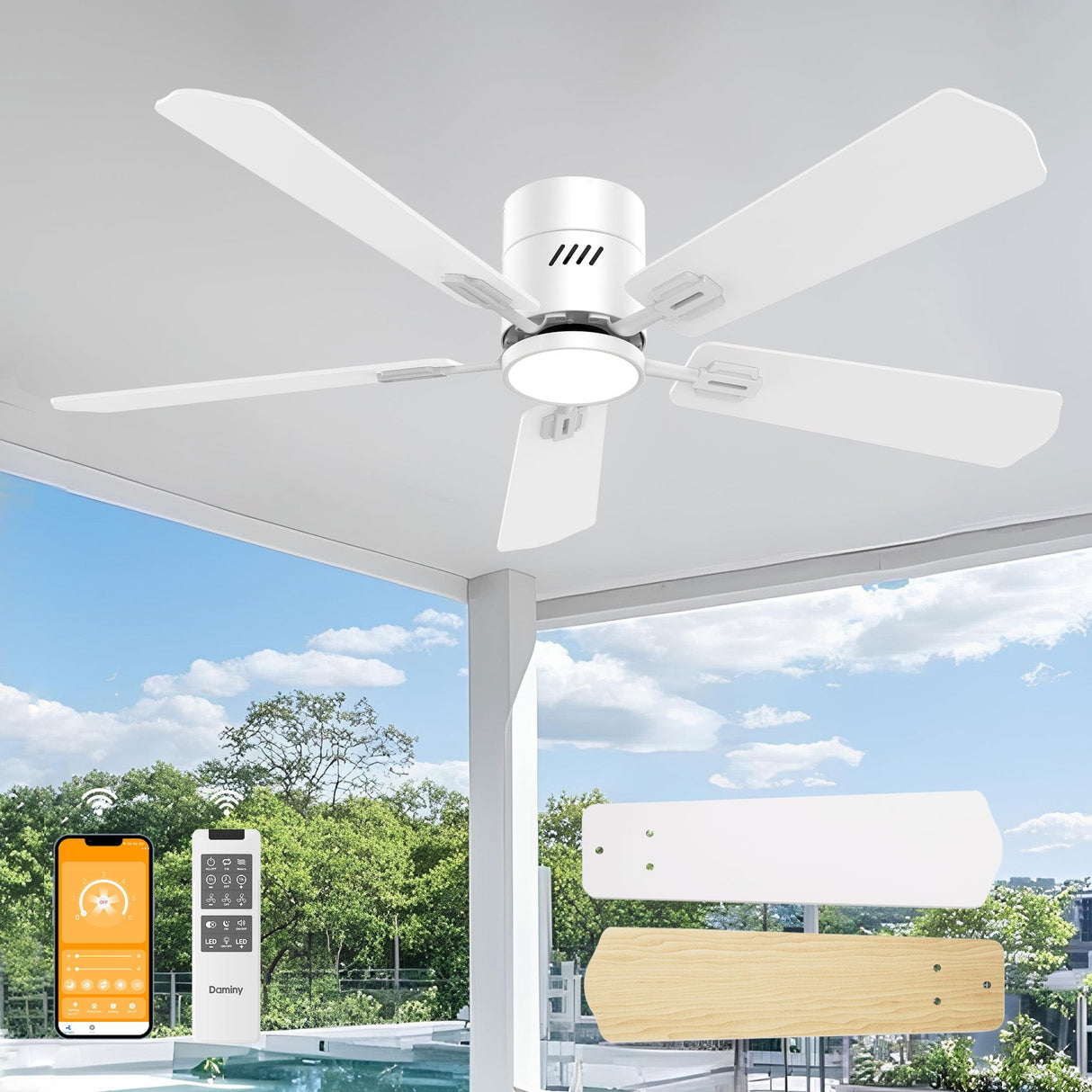DAMINY 52 inch 5 Blades White Ceiling Fans with Lights,Flush Mount,6CCT, Low Profile Ceiling Fan with Light and Remote Control,DC Motor,Ceiling Fan for Bedroom, Kitchen,Living Room,Indoor/Outdoor Use DAMINY