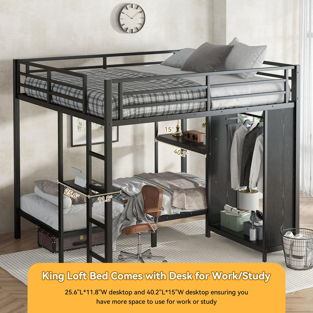KT Rolster Bunk Bed Frame with Built-in Wardrobe King Over Twin XL Size, Metal Loft Bed with Foldable Desk and Storage Shelf, Black Bunk Beds King Size for Adults Teen Kids, No Box Spring Needed KT Rolster