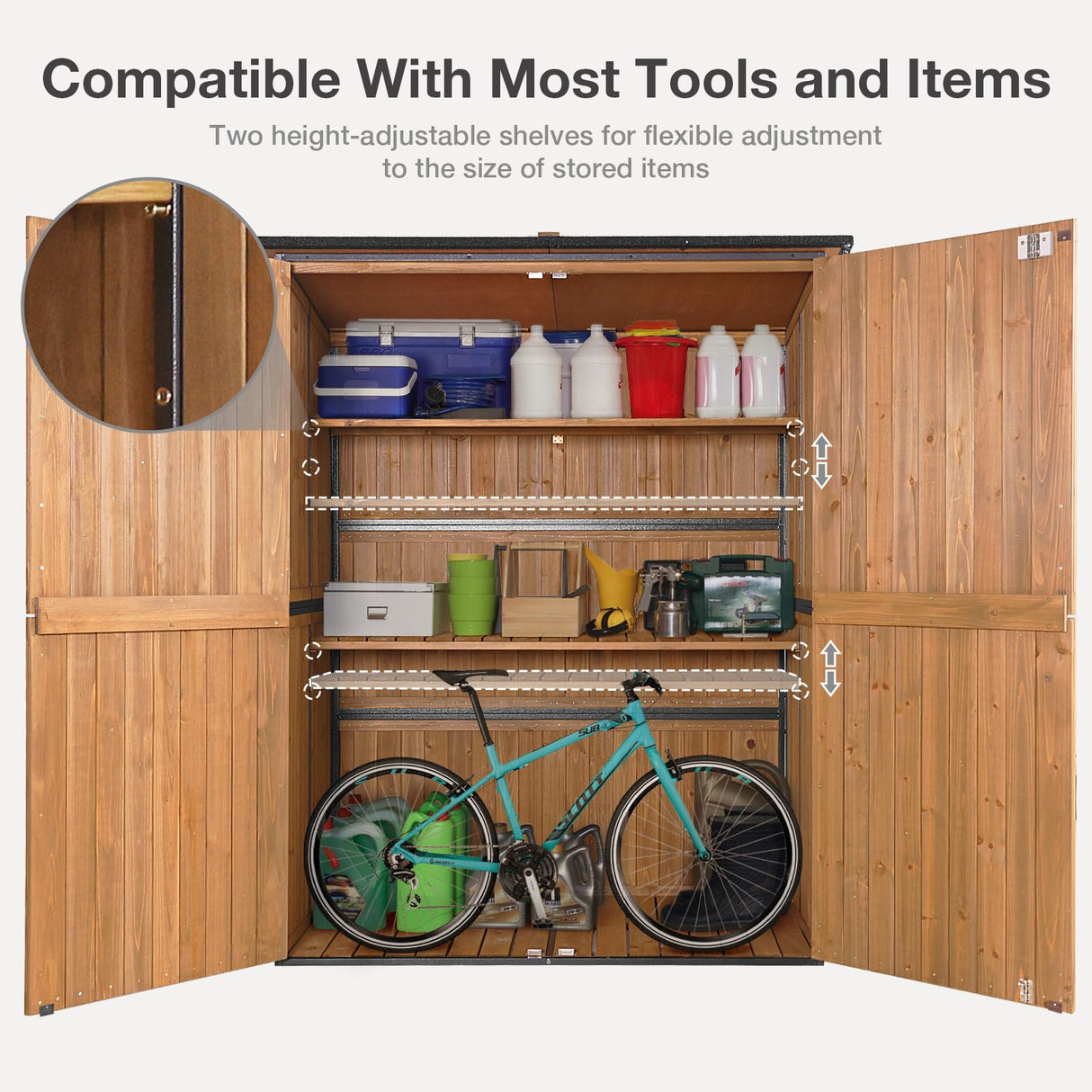 MEDEHOO Outdoor Storage Shed with Floor - Waterproof Natural Fir Cabinet with Adjustable Shelves and Double Lock for Anti-Theft - Suitable for Storing Garden Tools, and Household Debris (Brown) MEDEHOO