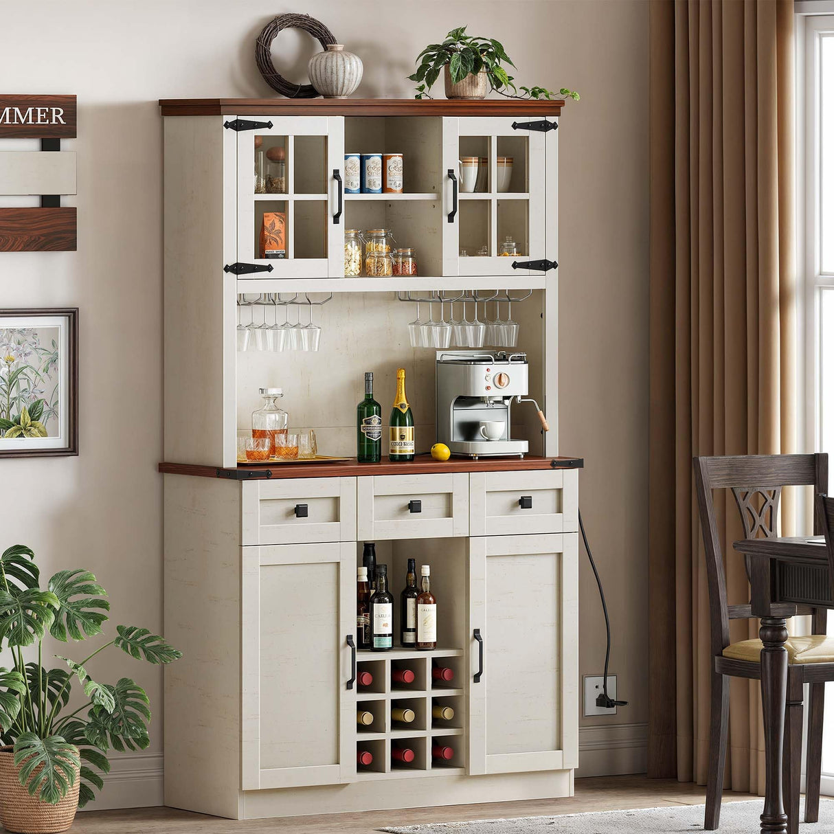 DWVO Coffee Bar Cabinet with Power Outlet/Lights, 72" Farmhouse Pantry Cabinet with Storage Shelves and 3 Drawers, Tall Liquor Cabinet Bar Cabinets for Home/Living Room, Antique White DWVO