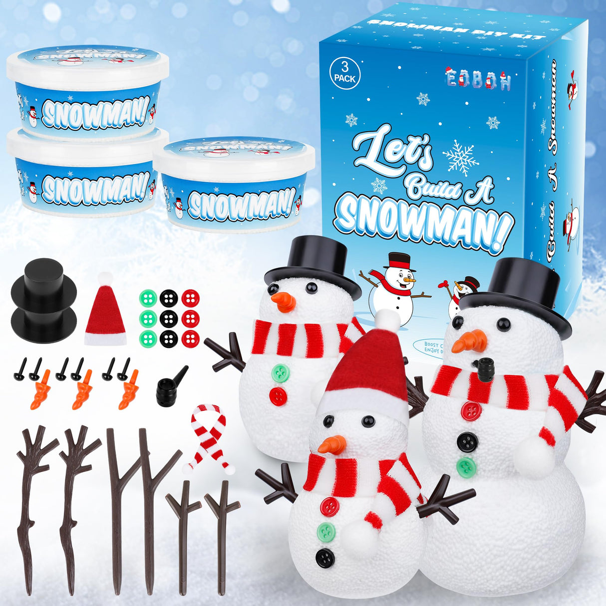 Christmas Craft Snowman Kit, 3 Pack DIY Snowman Craft Kit for Kids, Build a Snowman Indoor Decor, Creative Kids Air Dry Modeling Clay, Xmas Activities Christmas Making Kit for Toys Favors EOBOH