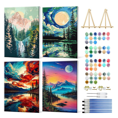 JOOZ 4 Pack Paint by Numbers Kit for Adults with Frame, Moon Paint by Number with Easel, DIY Mountain Lake Adult Paint by Number Kits on Canvas, Landscape Oil Painting Kit for Home Decor 8x12 Inch