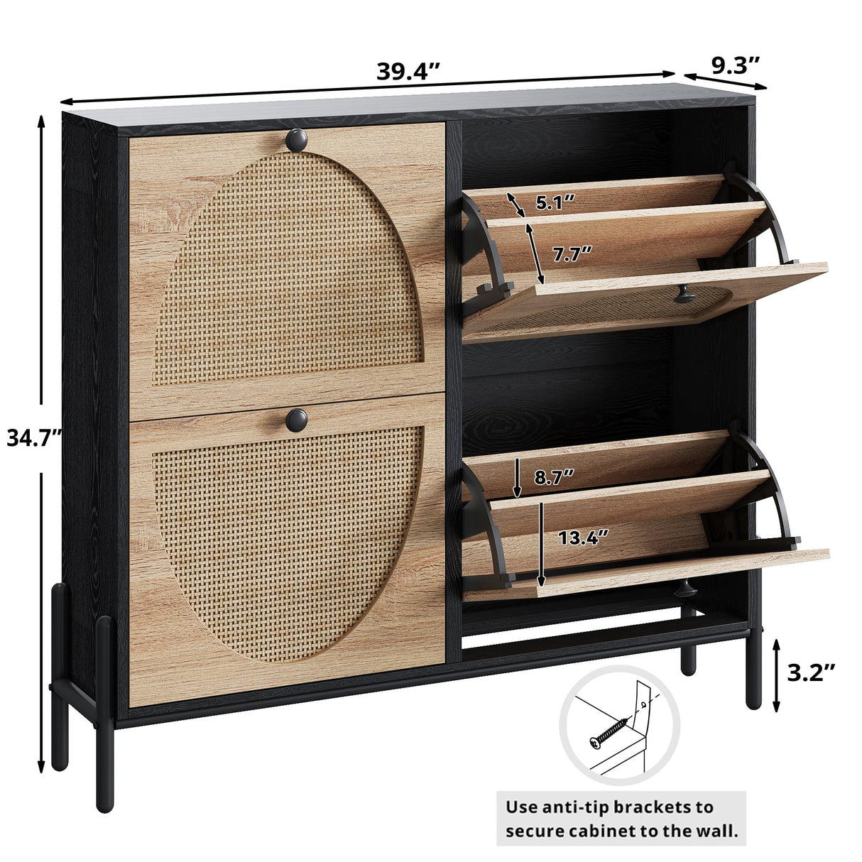 IRONCK Rattan Shoe Cabinet Storage with 4 Flip Drawers, Freestanding Shoe Storage Organizer Cabinet for Entryway, Narrow Shoe Rack Cabinet, Black IRONCK