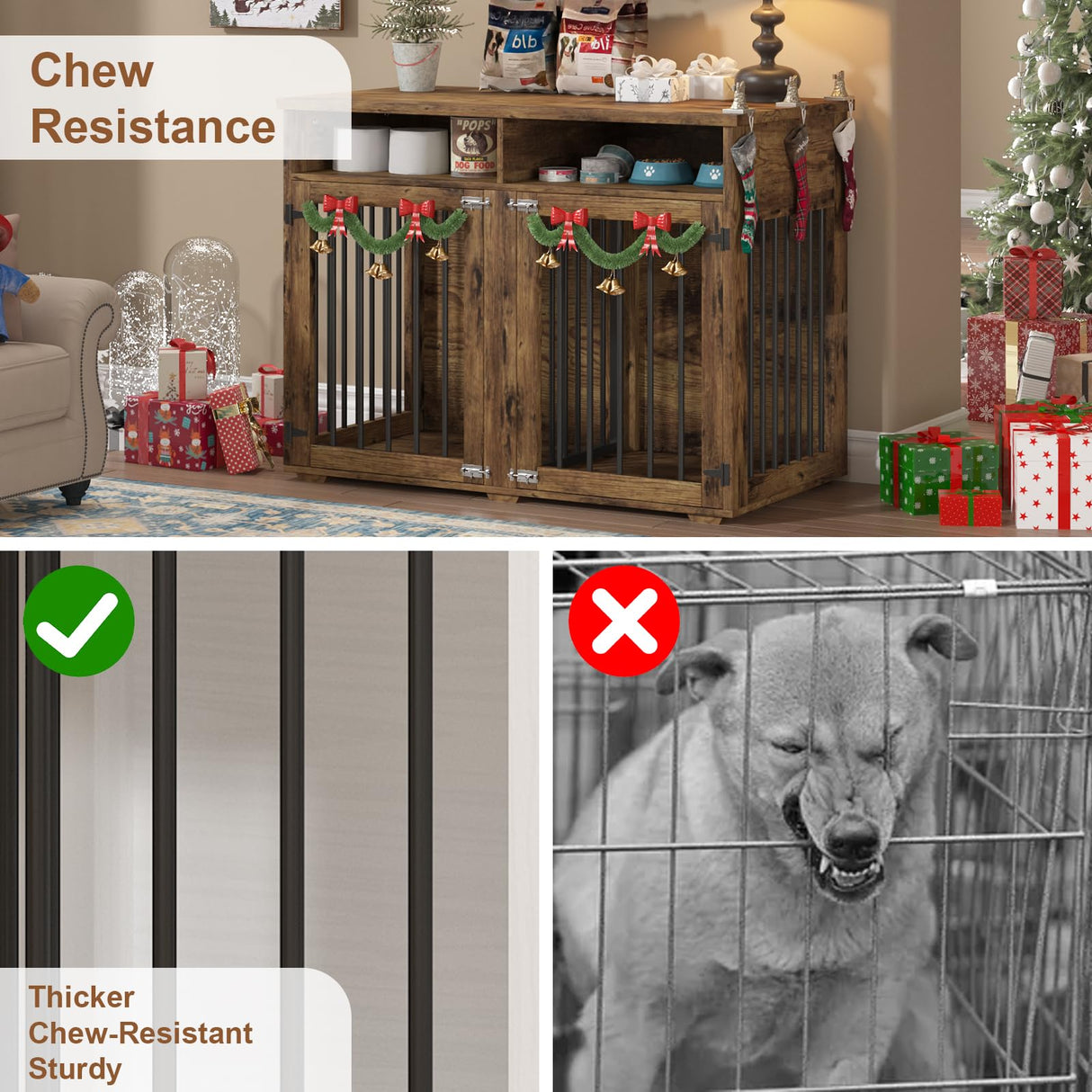 Dog Crate Furniture for 2 Dogs, 41 inch Dog Kennel Furniture with Removable Divider and Shelf Storage, Wooden Indoor Dog Crate for Large/Medium/Small Dogs, Rustic Brown, Farmhouse REVOMINCA