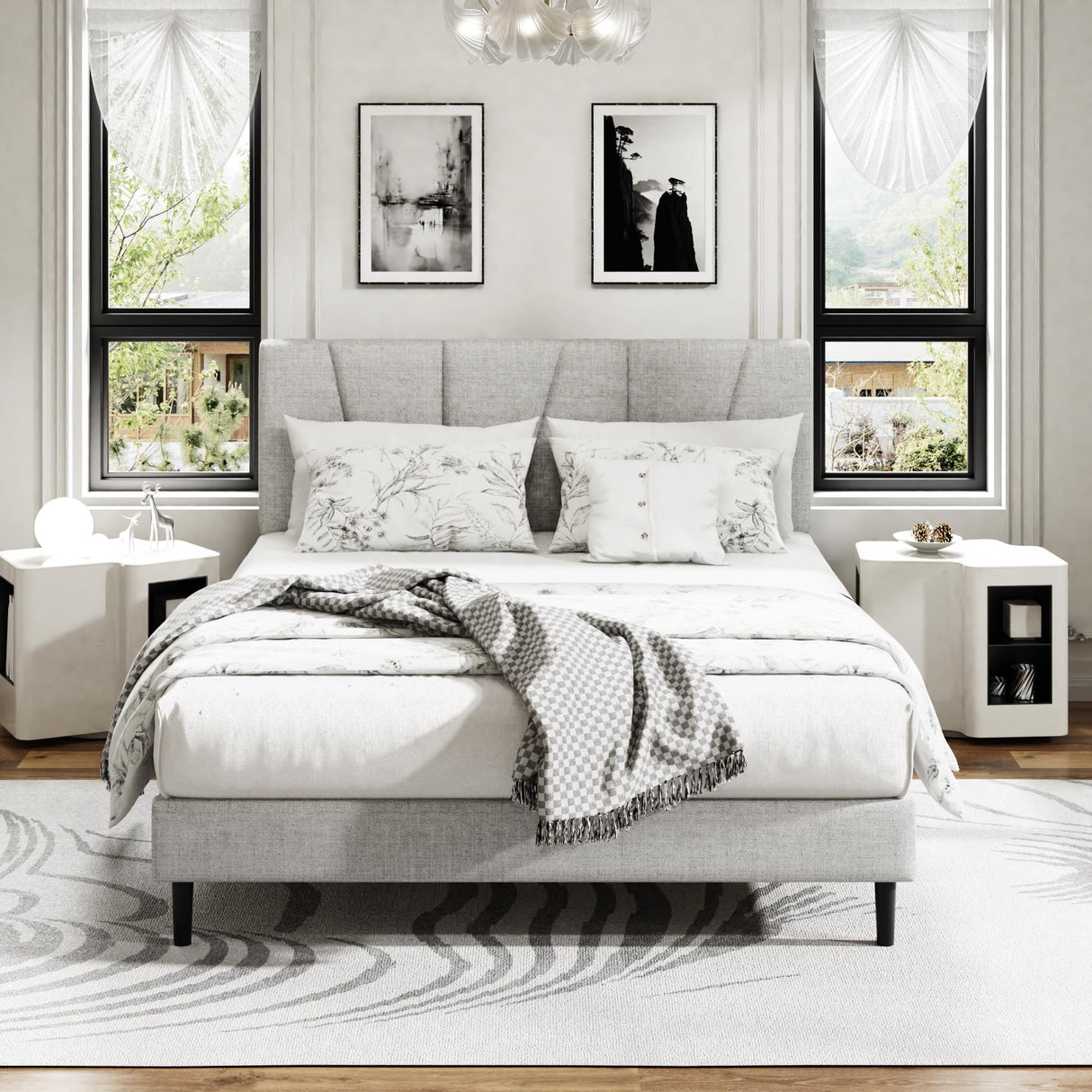 Queen Size Platform Bed Frame with Upholstered Headboard, Wooden Slats Support, Noise Free, No Box Spring Needed, Easy Assembly, Light Grey, Linen Sismplly